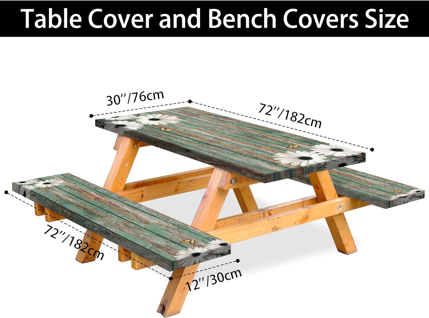 Daisy Flowers Picnic Table Cover with Bench Covers Camping Essentials Wooden Grain Outdoor Table Covers with Elastic Waterproof Fitted Tablecloth for RV Picnic Travel - Image 3