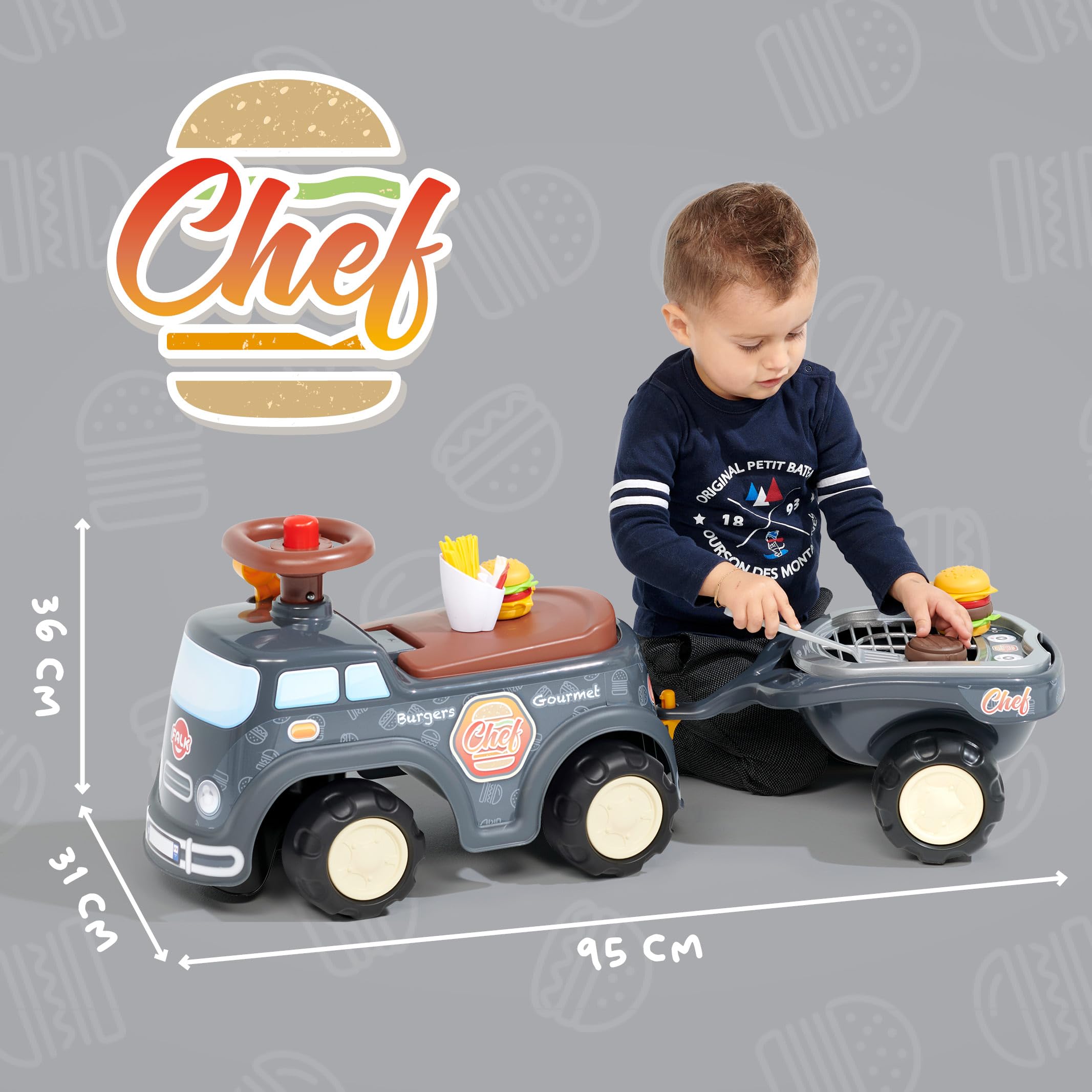 Falk – Portador Food Truck Gourmet Burger – A Partir de 12 Meses – Gris – Volante direccional con bocina – Palanca de Efecto sonoro – Baúl de Almacenamiento – Remolque BBQ & Accesorios – 707C