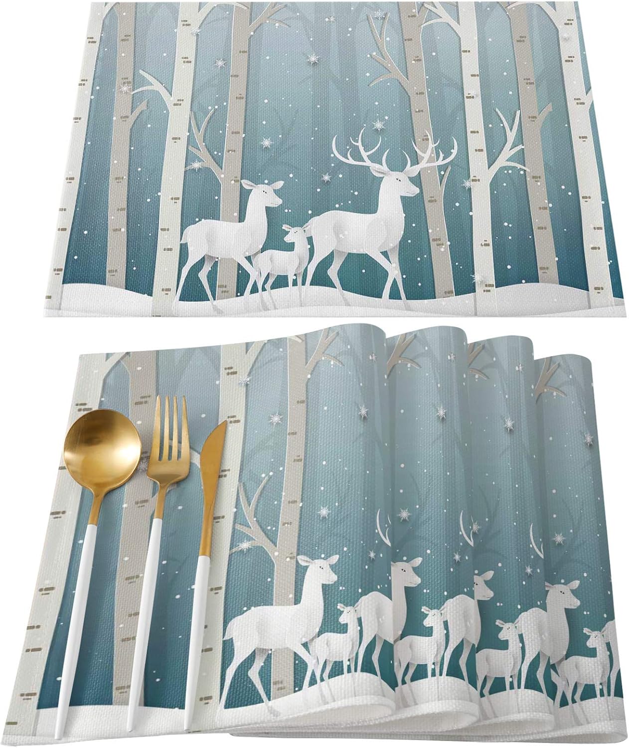 Winter Placemat For Dinning Table,Christmas Placemat Set Of 6-Cotton Linen Waterproof Cloth Table Mat-Forest Reindeer Place Mat,Machine Washable Easy Clean Fabric,Rustic Farmhouse Holiday Dinner Decor