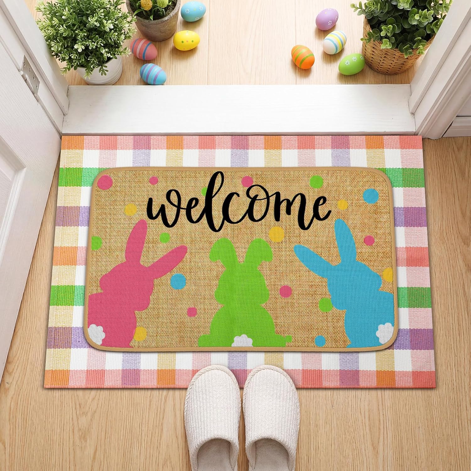 Tinideya 2 Pcs Easter Bunny Doormats Welcome Outdoor Spring Rabbit Door Mats Layered Front Door Rugs Non Slip Floor Mats for Porch Entryway Indoor Outdoor