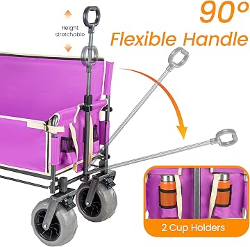 3-in-1 Folding Wagon with Bench Seat 500lbs Capacity,Reinforced Carbon Steel Frame, 180L Cargo Space Perfect for Camping, Beach, Outdoor Events & Heavy-Duty Hauling (12 Purple + Cup Holder)