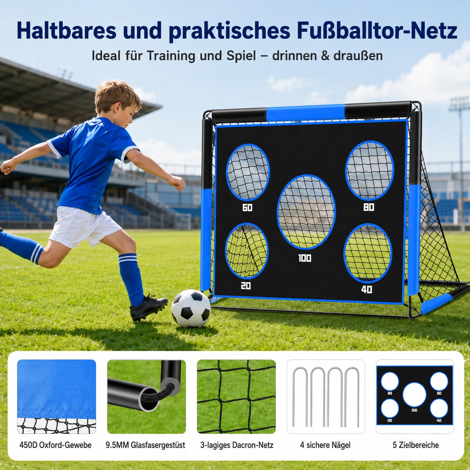 2-in-1 Fußballtor für Kinder, 150 * 120cm, Tragbares & Stabiles Fussballtore mit 5 Zielbereichen, 4 Erdanker und 1 Tragetasche, Stabil für Garten, Park, Strand