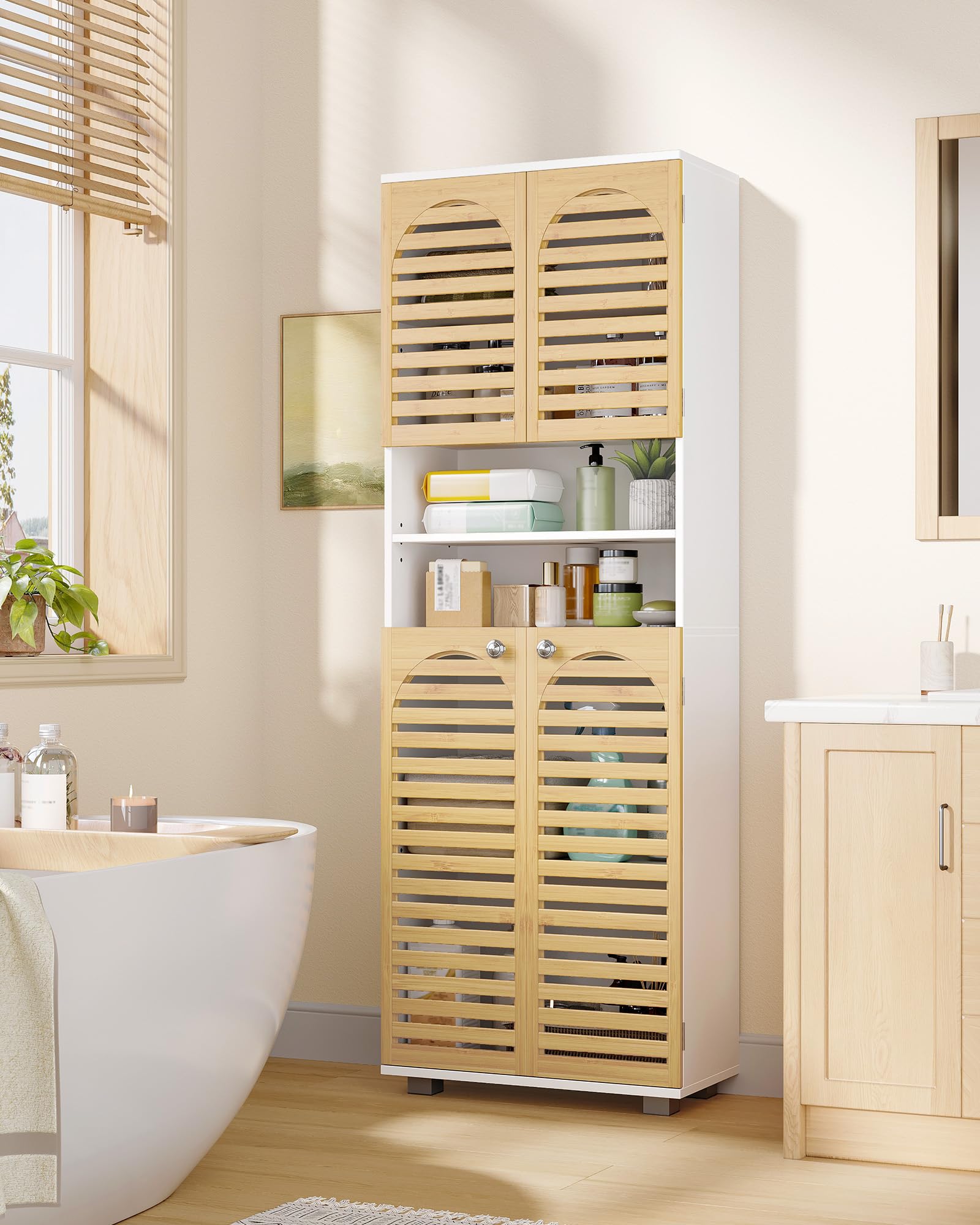 Hzuaneri Meuble Salle de Bain, Armoire de Rangement en Bambou avec Étagère Réglable, Meuble de Rangement avec 4 Portes en Bambou, pour Salon, Salle de Bain, 30 x 60 x 171,5 cm Blanc SC17103X