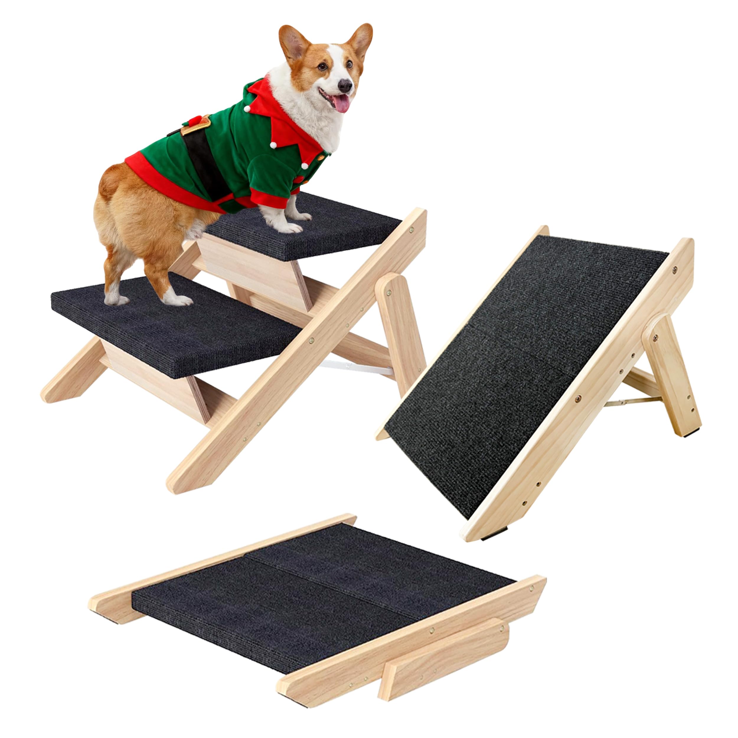 Dog Stairs/Ramp for Bed, Wooden Convertible Pet Steps, Portable Dog Ladder Up to 180 Pound for Elderly/Short-Legged Dogs, 2 Steps for Beds, Couch, Cars