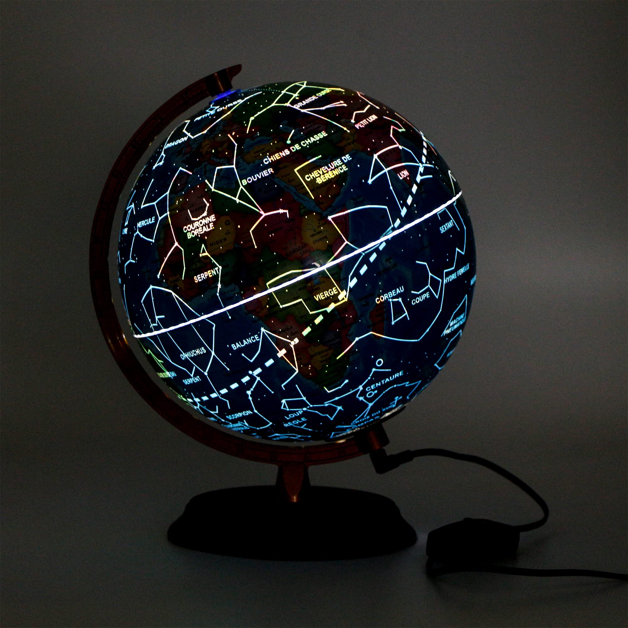 EXERZ Globe Lumineux 20 cm Français Carte & Constellations LED | Carte française, support bois, ciel étoilé LED et câble USB inclus pour bureau, maison ou cadeau éducatif.