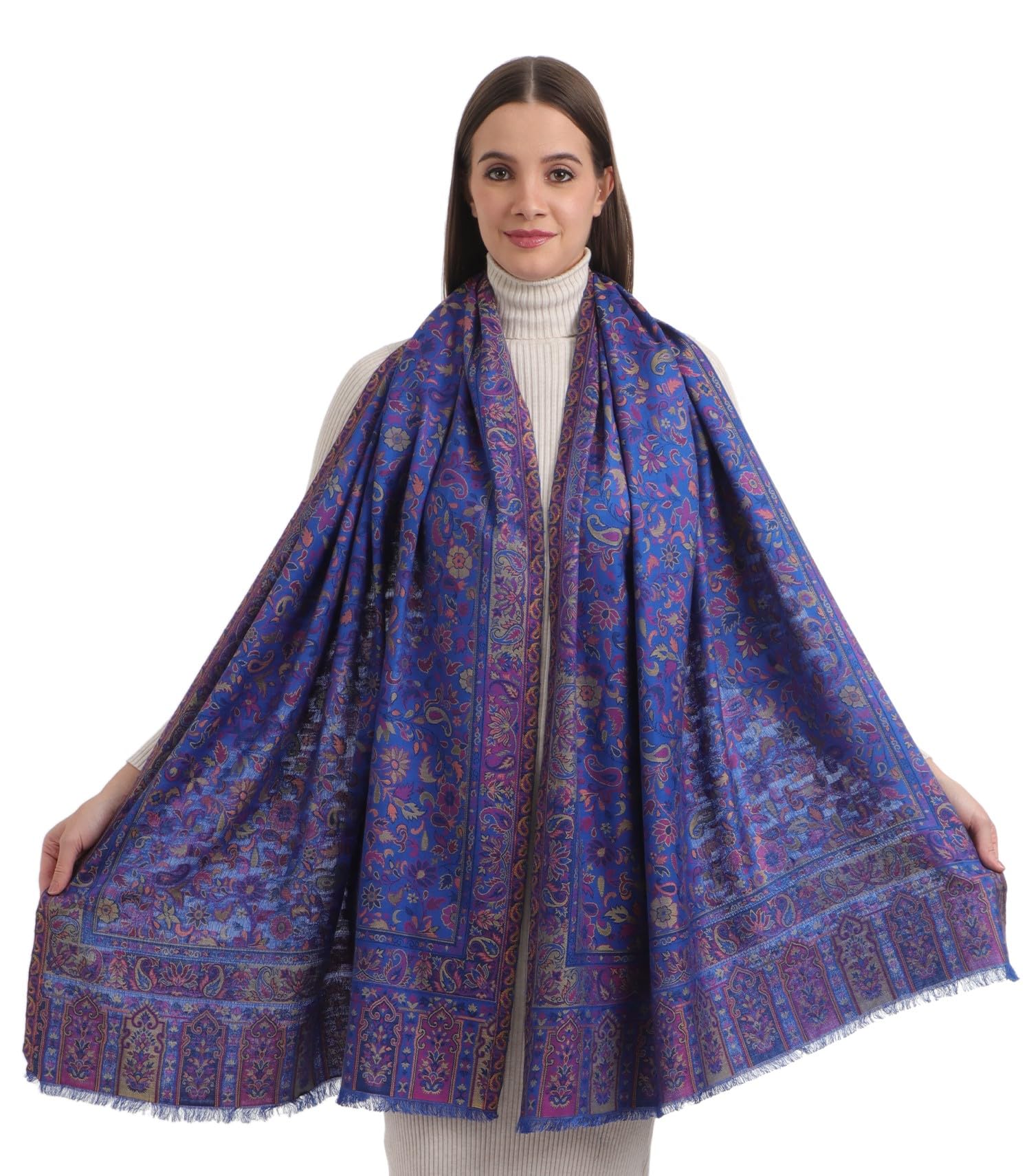 Eh Women's Cobalt Blue 1 Kani Pashmina Silk Modal, 8 Color Kani Weave Floral & Paisley Stole, Scarf,Wrap, Large