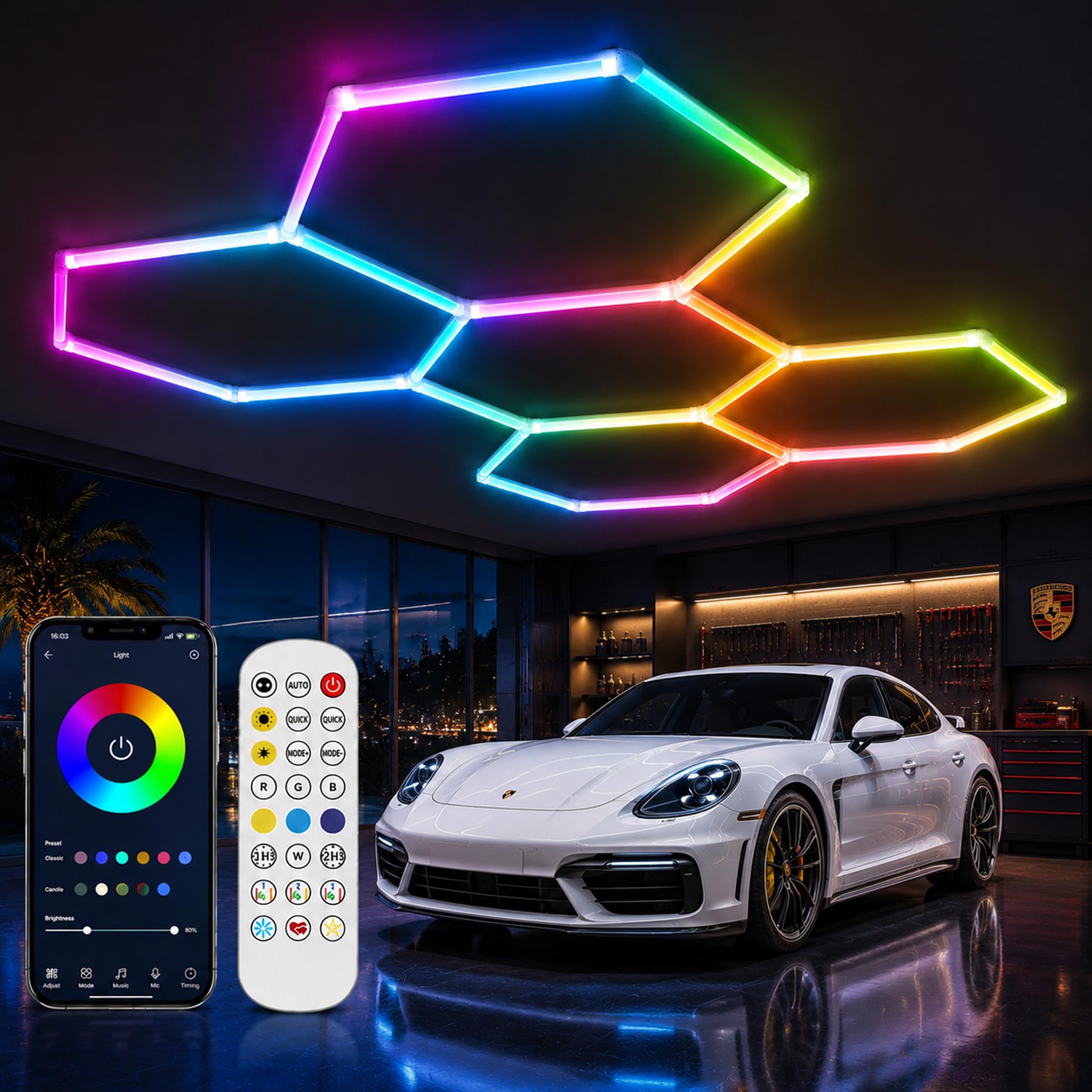 Photo 1 of ZTANHOUSE 25Pack RGB Hexagon led Garage Lights,5 Hexagon Light with Multi Color,Dimmable&Speed Adjustable RGB Hex Wall Lights,DIY Design for Remote Control