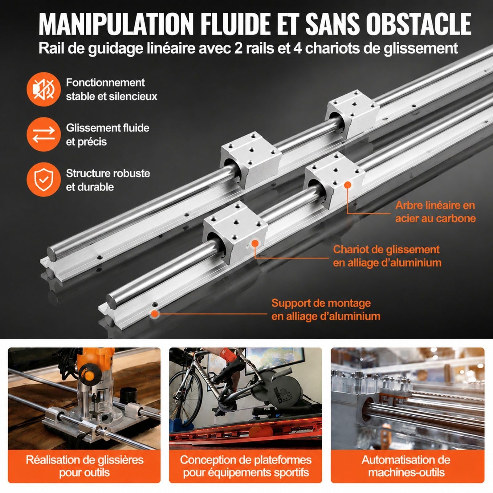 Rail de guidage linéaire, 2 rails et 4 blocs de roulement pour machine CNC, tour et imprimante 3D