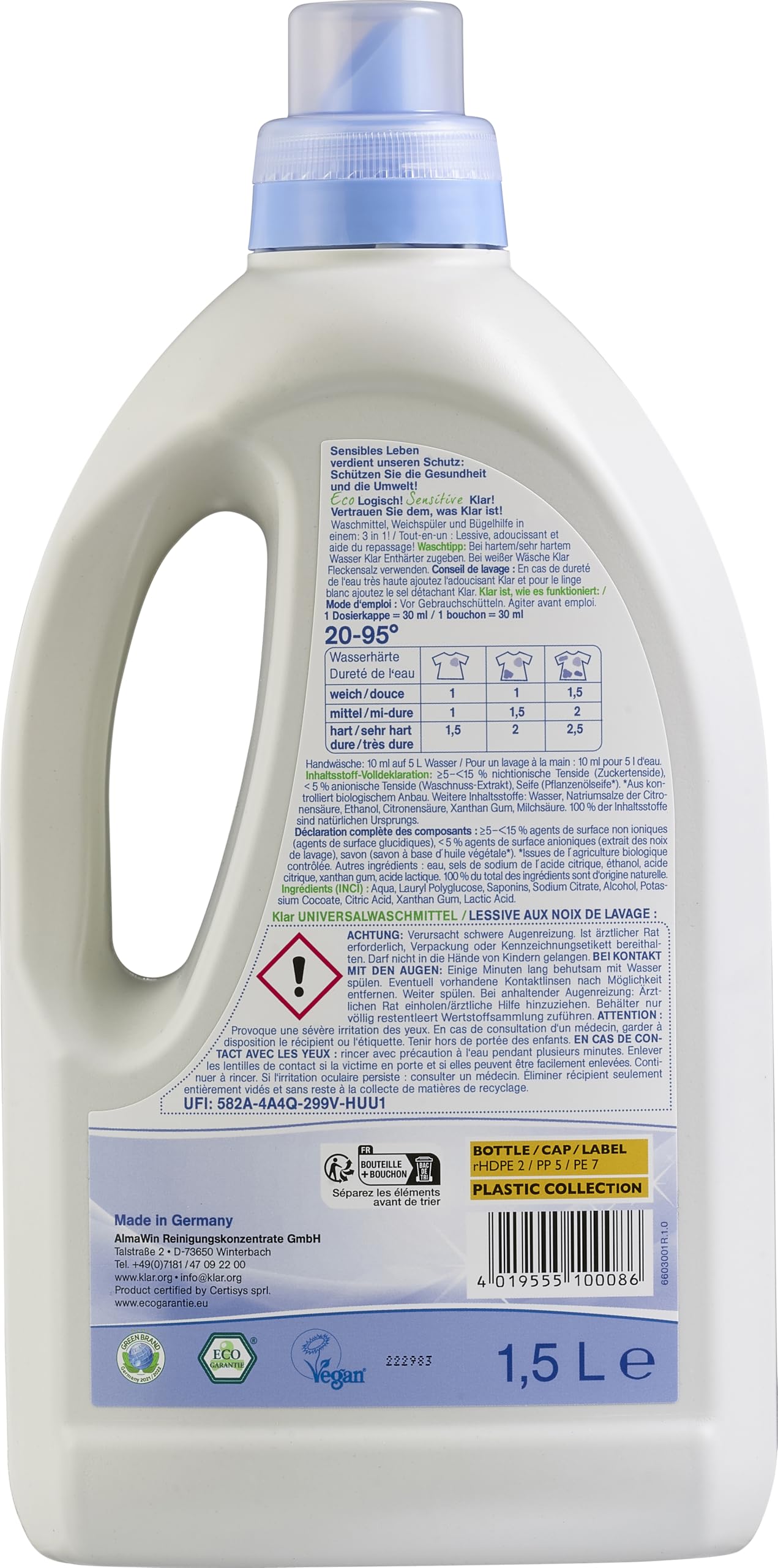 Klar eco Sensitive Universalwaschmittel Waschnuss Flasche 6x1,5l, ohne Duft, 33 Waschladungen, für Allergiker, vegan