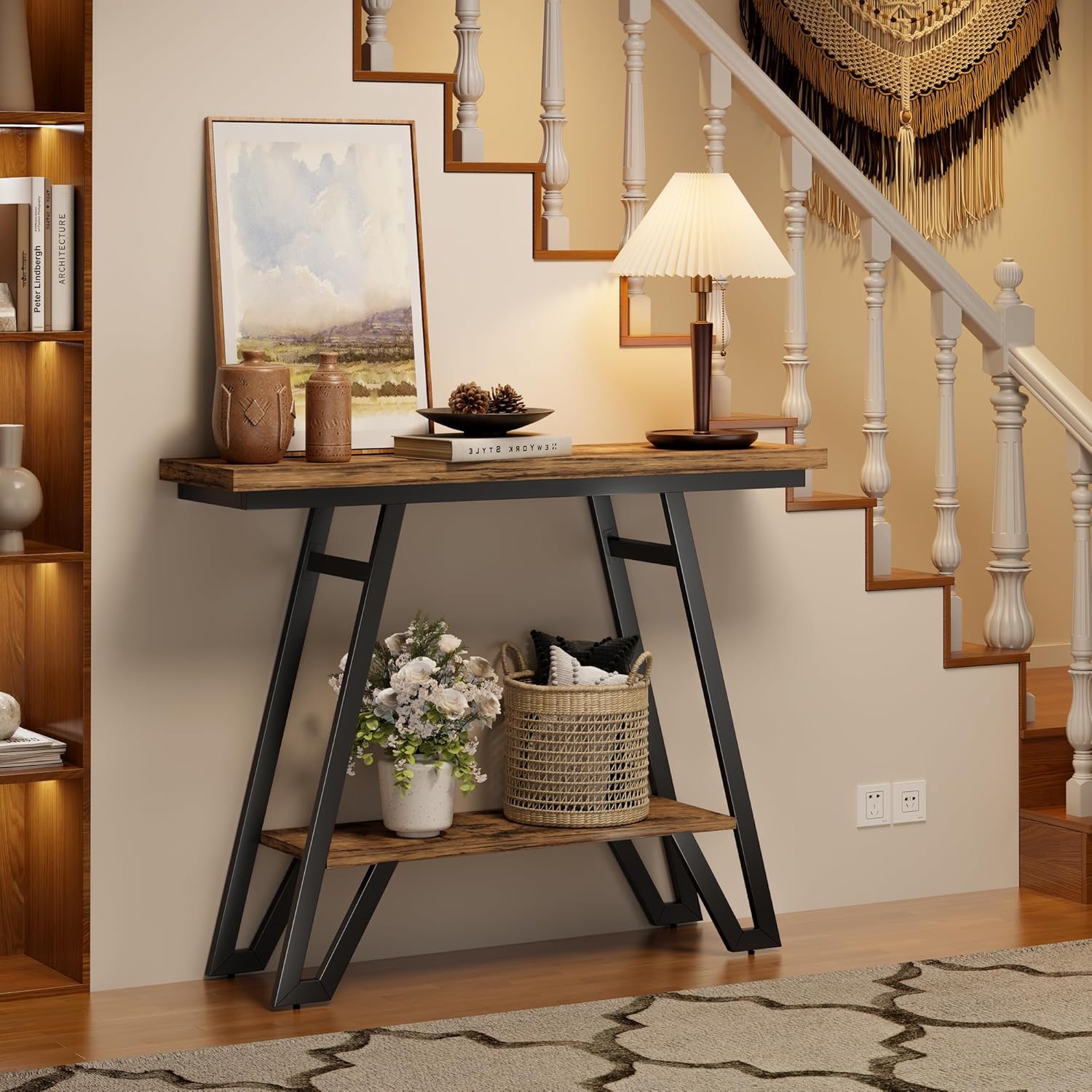 41.3" Narrow Console Table, 2-Tier Storage Entryway Table with Faux Marble Top & Metal Frame, Sofa Table Behind Couch Table Hallway Table for Entrance Foyer Living Room Bedroom, Rusitc Brown