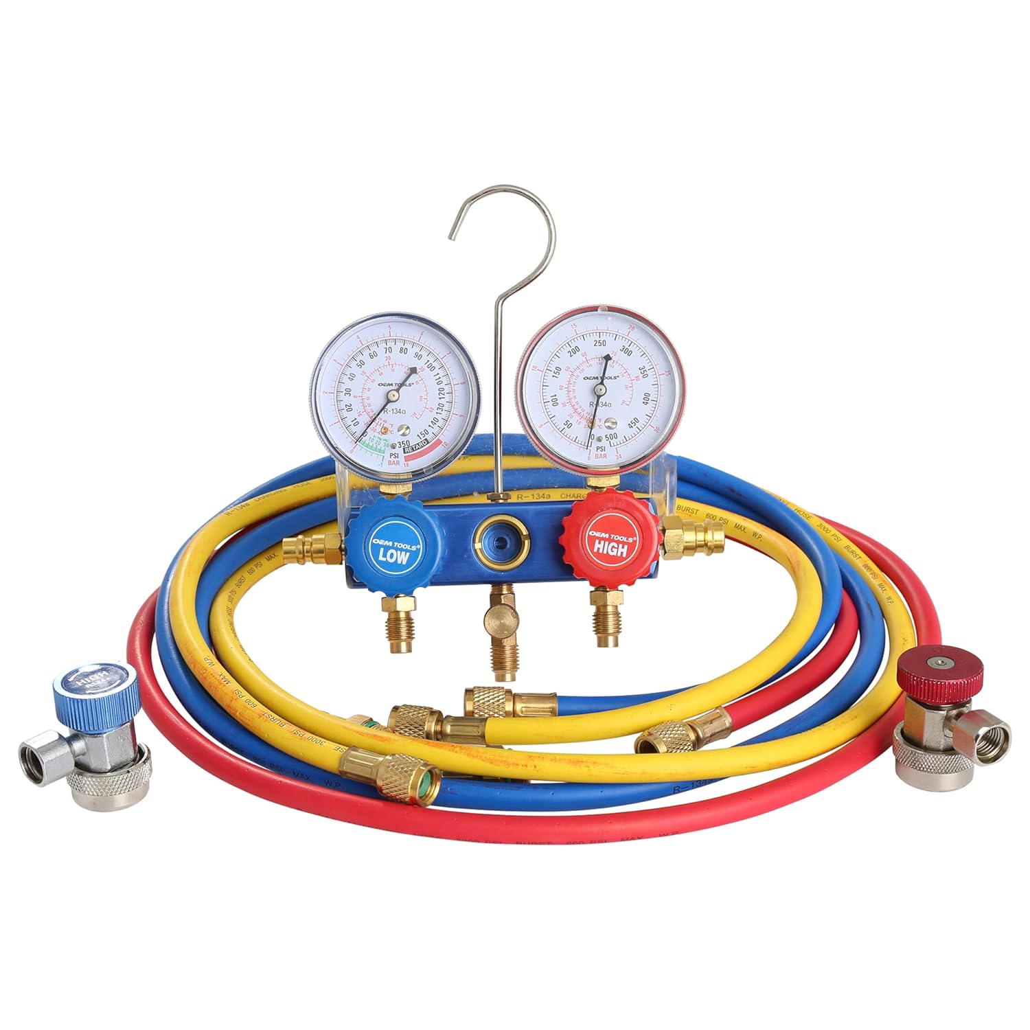 OEMTOOLS 24527 R134a Manifold Gauge Set, Automotive AC Manifold Gauge Set, Diagnostics and Refrigerant Charging, Extruded Aluminum Body, 72" Hoses, 2-3/4" Large Gauges, Manual Couplers