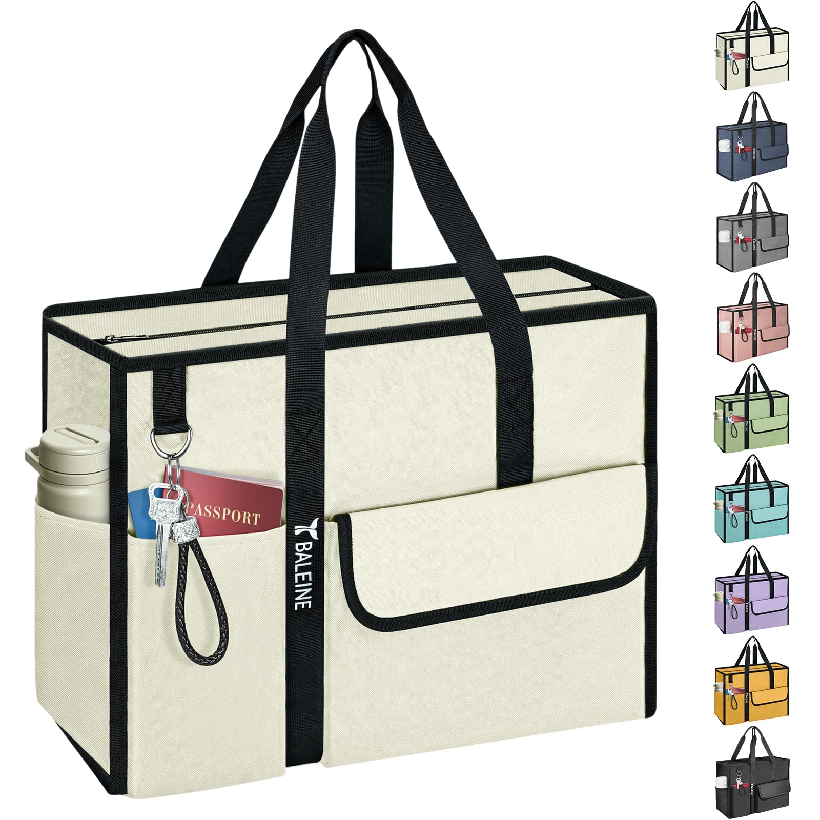 BALEINE Large Utility Tote Bag with Reinforced Bottom, Multi Pockets Foldable Tote Bag for Nurse, Travel, Work