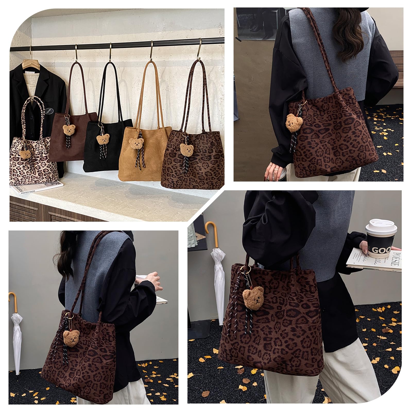CORIOS Bolso de Hombro con Moda Estampado de Leopardo para Mujer Bolso de Mano con Adorable Colgante de Oso Gran Bolsa Shopper Tote de Ante para Trabajo Viajes Compras Estampado de Leopardo Café