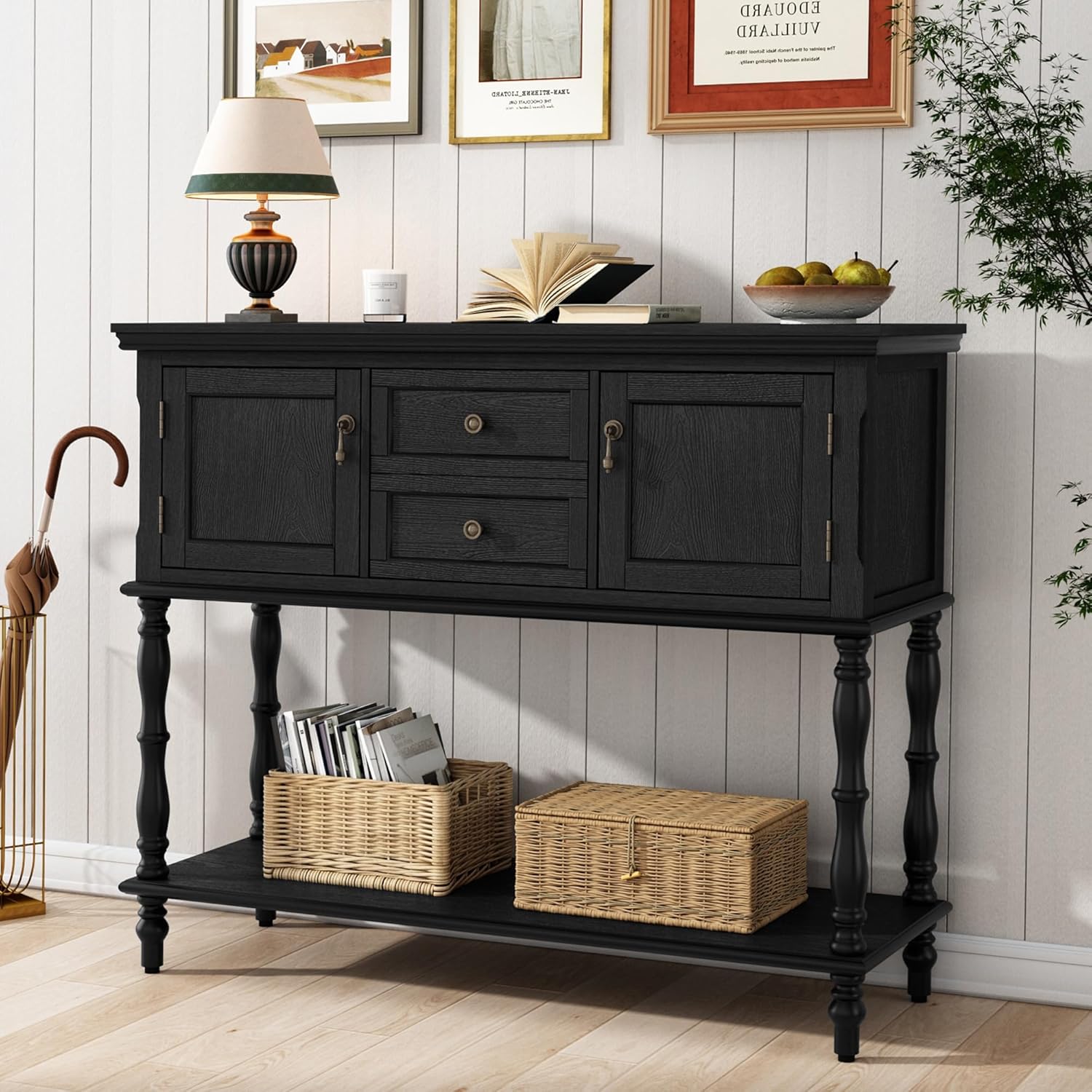 ARTPOWER Retro Black Console Table with 2 Drawers, 2 Door Cabinets & Open Shelf - Narrow Entryway Sofa Table for Hallway, Living Room