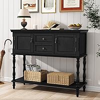 ARTPOWER Retro Black Console Table with 2 Drawers, 2 Door Cabinets & Open Shelf - Narrow Entryway Sofa Table for Hallway, Living Room