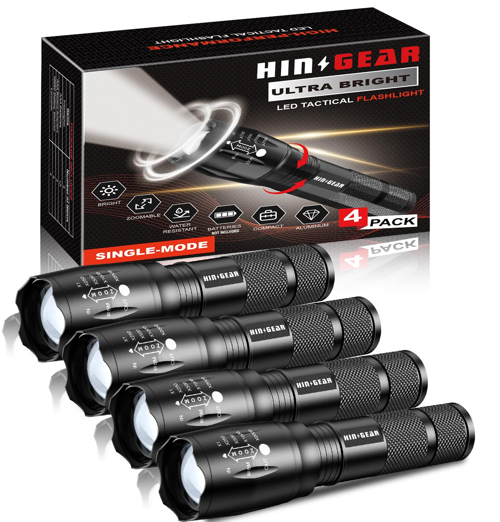 – HinsGEAR 1 Mode LED Torch 2000 Lumens Gifts for Men Dad Kids, Zoomable Torches Super Bright Powerful Torches Battery Powered Water Resistant Tactical Torch for Camping Xmas Gifts - 4 Pack