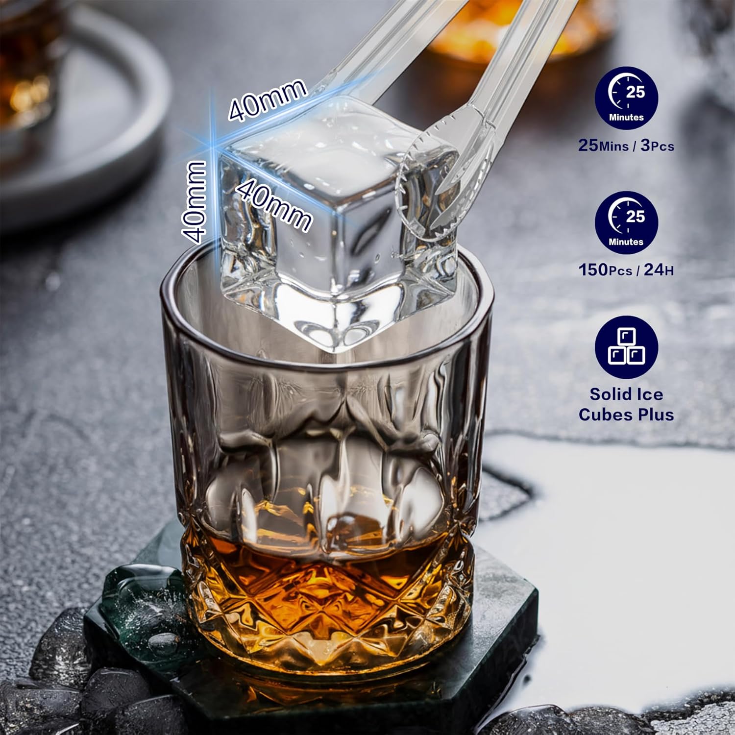 Clear Ice Cube Maker Countertop, Makes 3 Large 1.6" Cubes in 25min, 26 lbs/24H Crystal Clear Ice, Adjustable Thickness, Self-Cleaning, 24H Timer for Whiskey, Cocktails & Home Bar