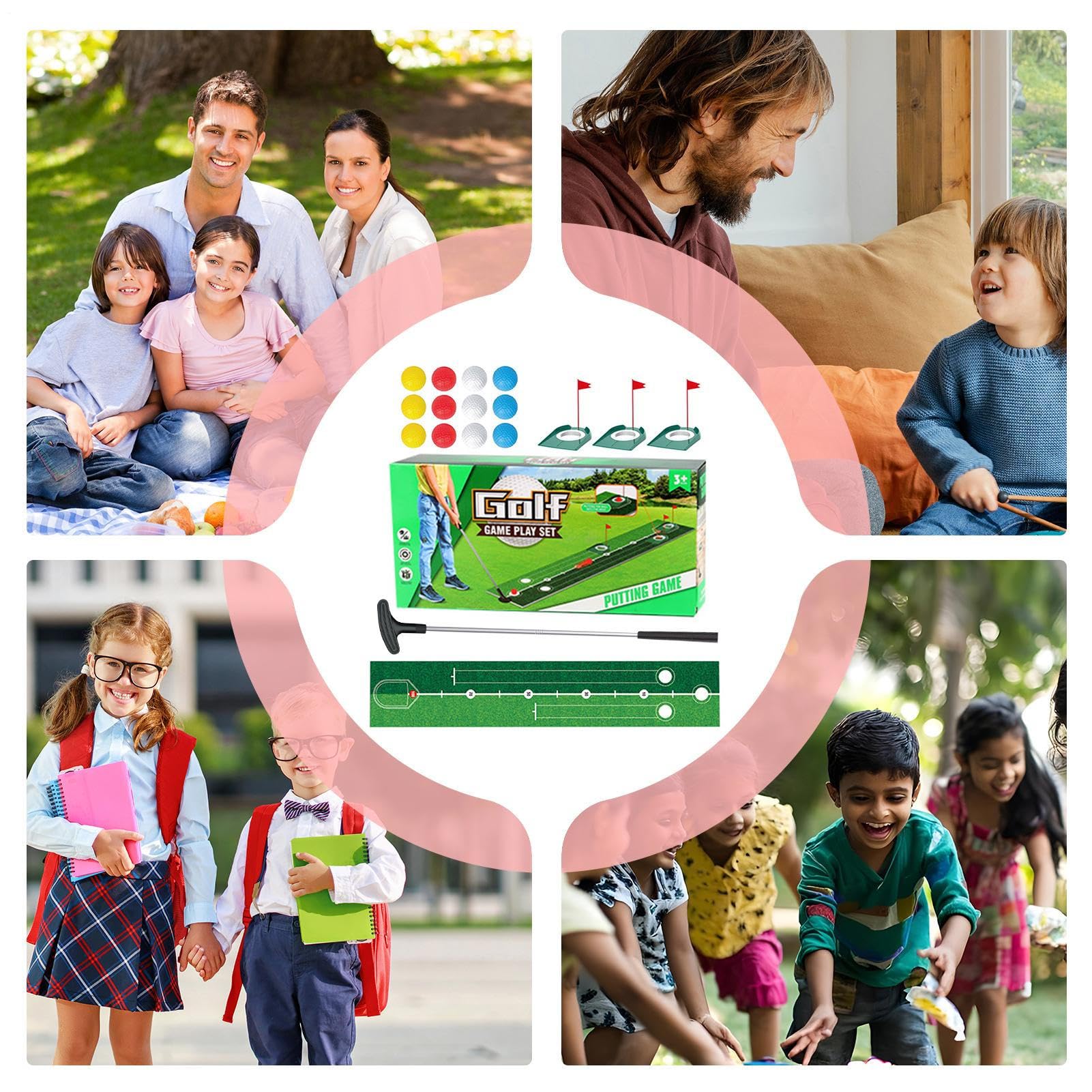 Tappeto Putting per Interni | Set Allenamento Golf per Esterni con Tappeto,Attrezzatura Portatile con Mazze, Buche e Palle per Allenamento in Interni, Giardino, Esterno per Famiglia