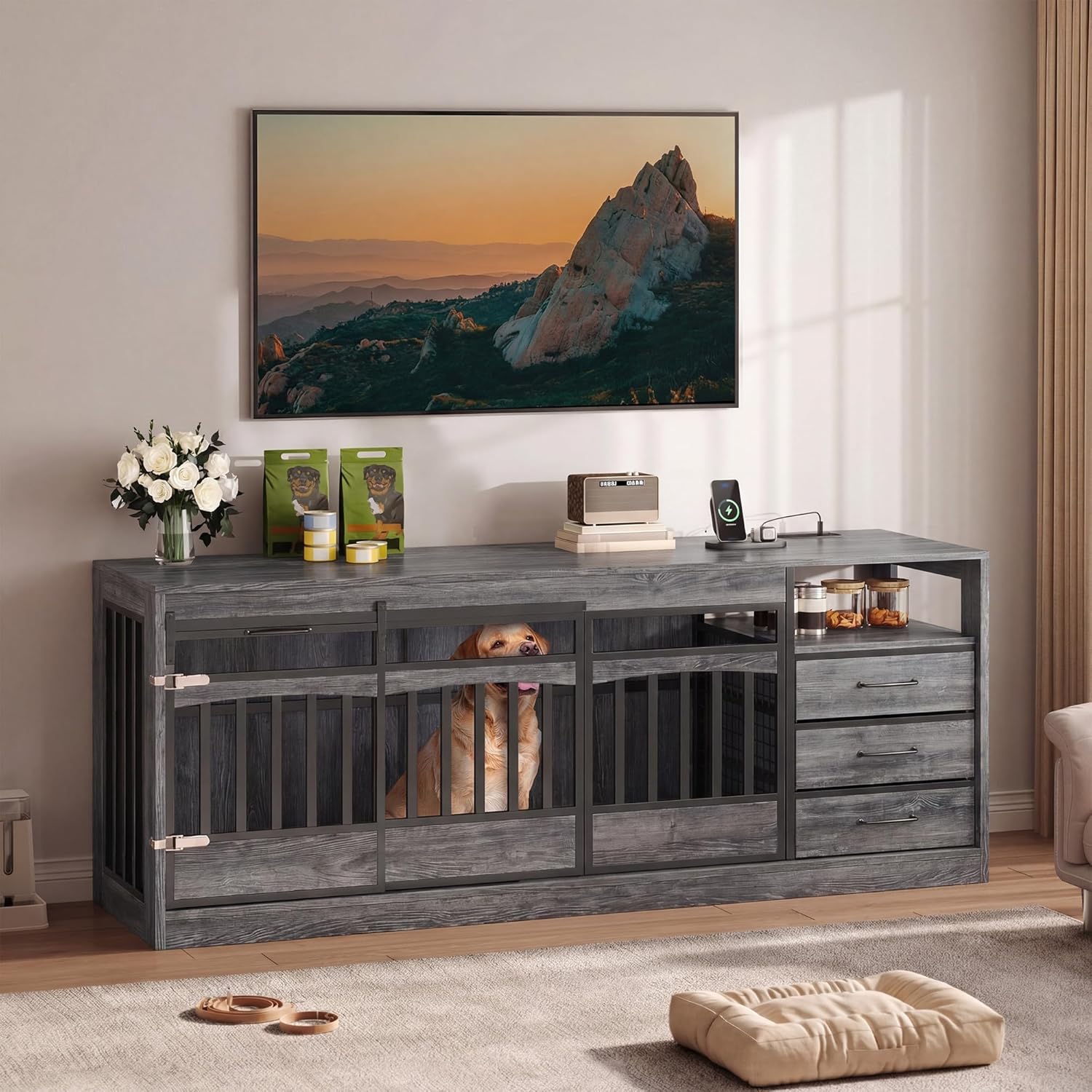 68.8" Large Dog Crate Furniture with 3 Storage Drawers & 1 Shelf Farmhouse Dog Kennel TV Stand Side Table Indoor for Large Dogs Decorative Dog Cage with Sliding Barn Door & Power Outlet Grey