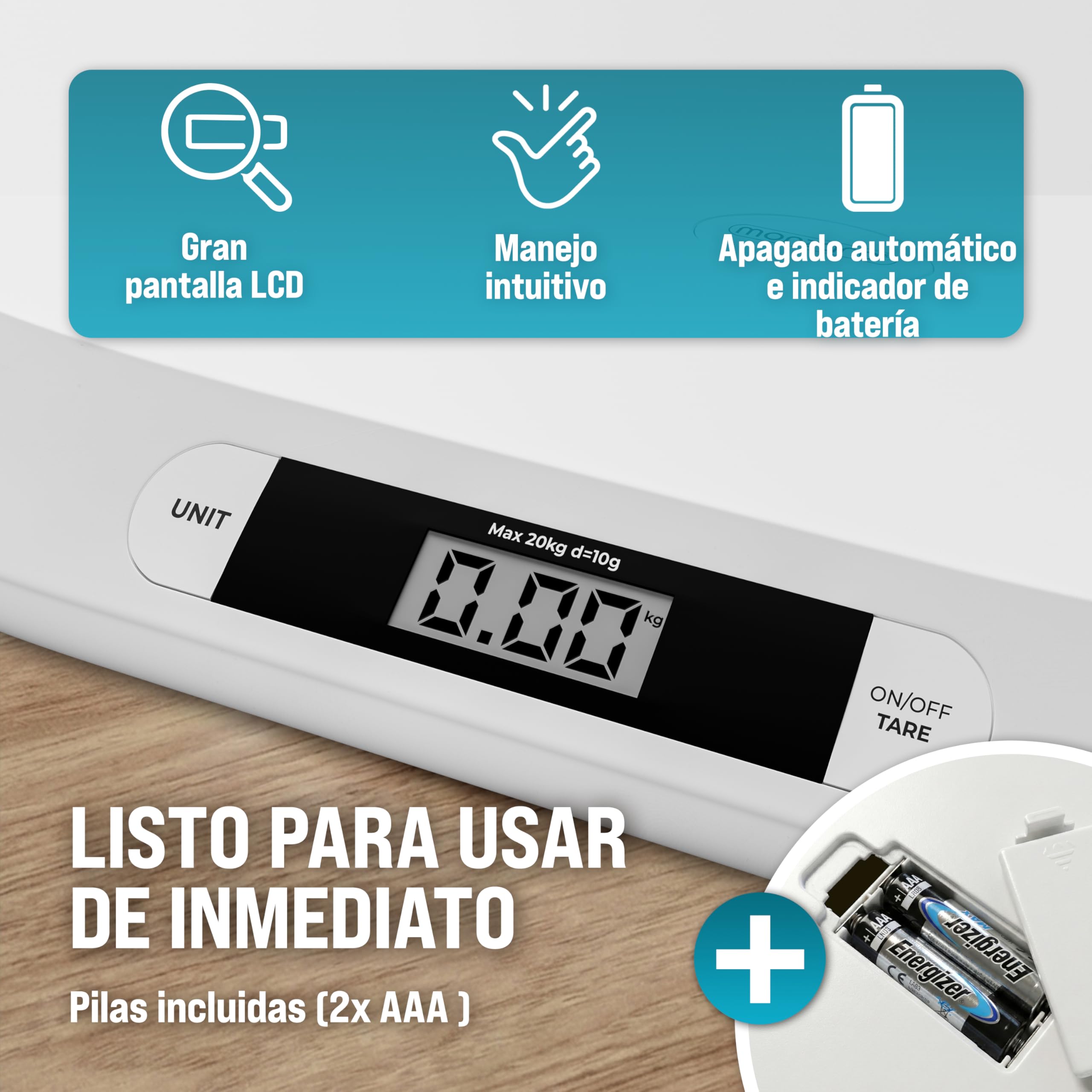 MONZANA® Báscula Bebé Digital hasta 20Kg Superficie Apoyo Amplia Segura Antideslizante Pantalla LED Apagado Automático Función Tara y Retención Recién Nacidos Mascotas Pequeñas