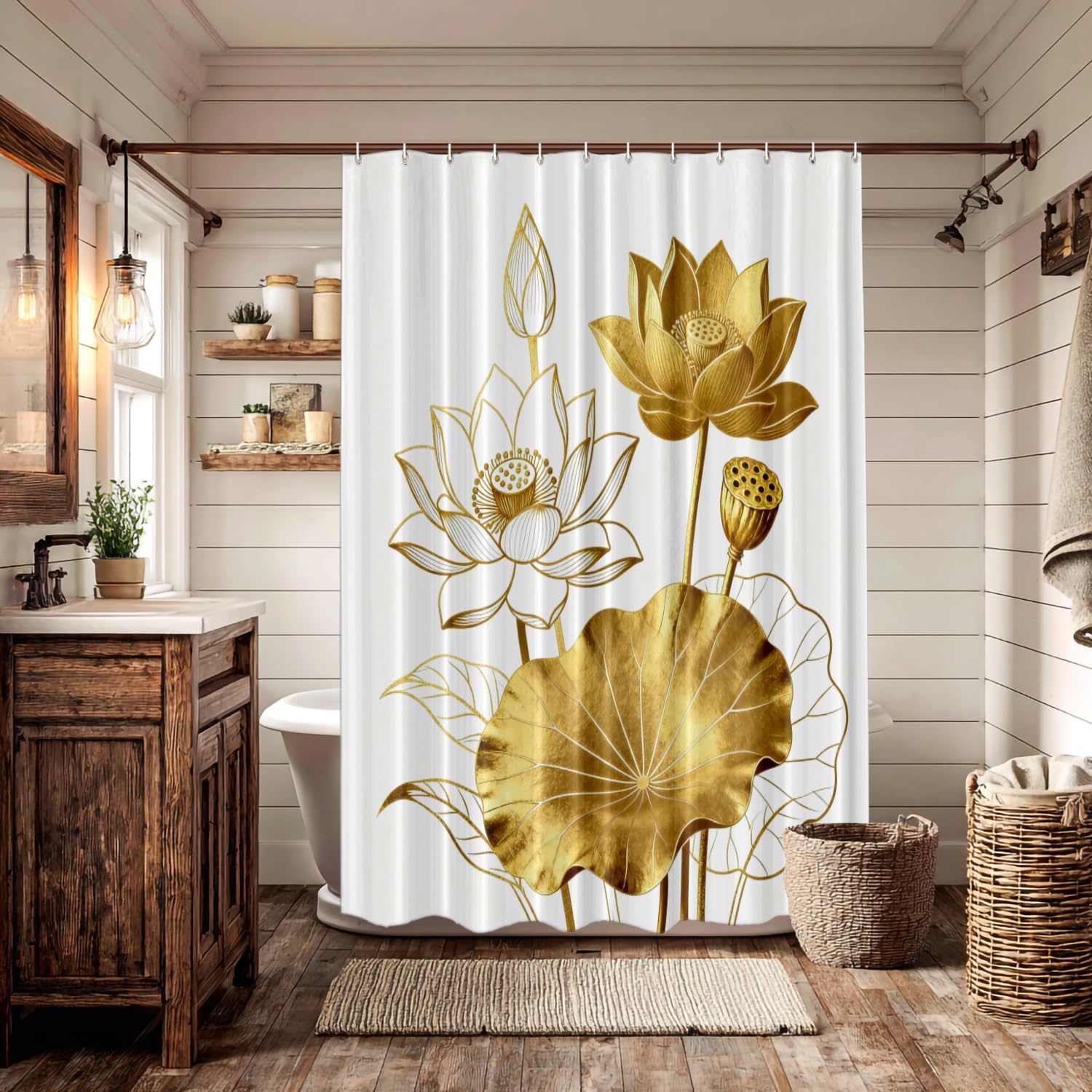 Batmerry Color Gold White Lotus Decorative Shower Curtain, Contour Color Gold White Lotus Asian Flower Symbol Peace Cute Long Wide Rust Proof Grommets for Bathroom Waterproof Washable, 72x72 inches