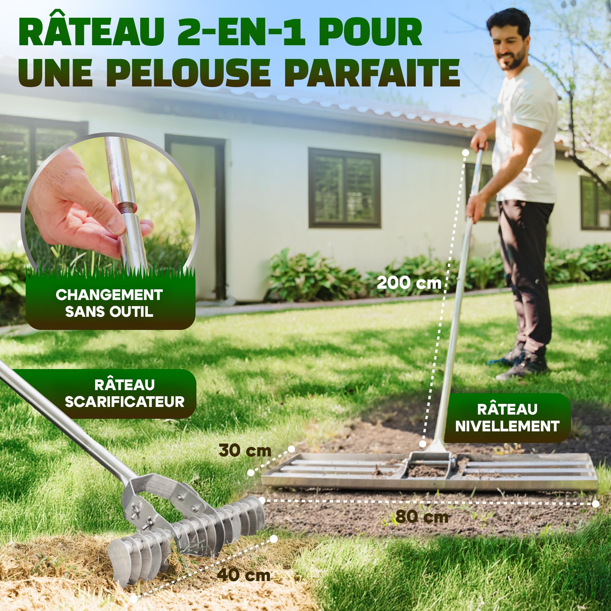 Rateau Nivellement 80x30cm + Scarificateur Gazon & Pelouse