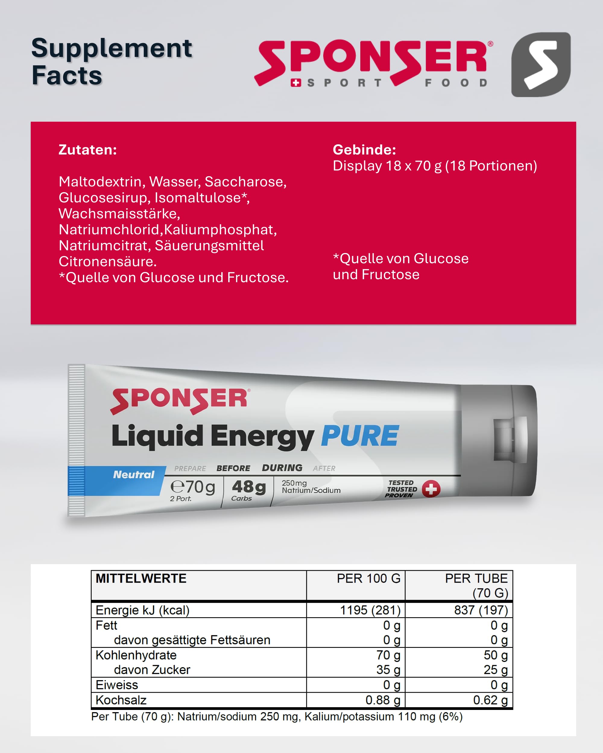 SPONSER Liquid Energy Pure - Kohlenhydrat-Gel ohne Koffein - Neutral | High Carb Energiegel für Ausdauer, Laufen, Radsport - Natrium & Kalium - Vegan, Glutenfrei & Laktosefrei - 70 g Tube