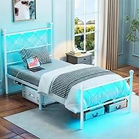 VINGLI Twin Metal Bed Frame with LED Lights, Headboard & Charging Station - Heavy Duty Platform for Kids/Adults, No Box Spring, White