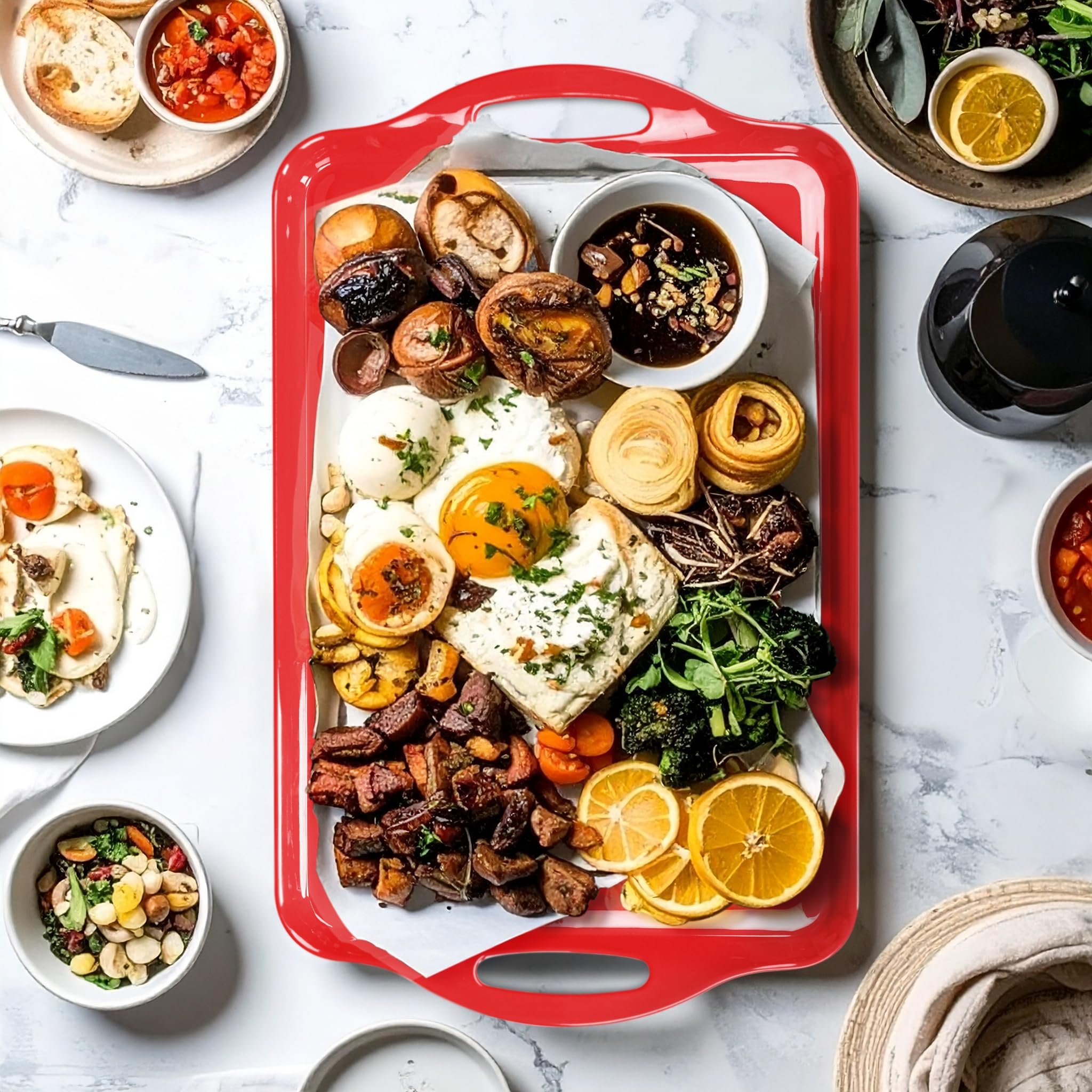 Grande vassoio da portata con manici, 48 x 29 cm, piatti rettangolari in melamina, per servire cibo, tacchino, biscotti, cupcake, dessert, lavabili in lavastoviglie, senza BPA, set di 2 (rosso)