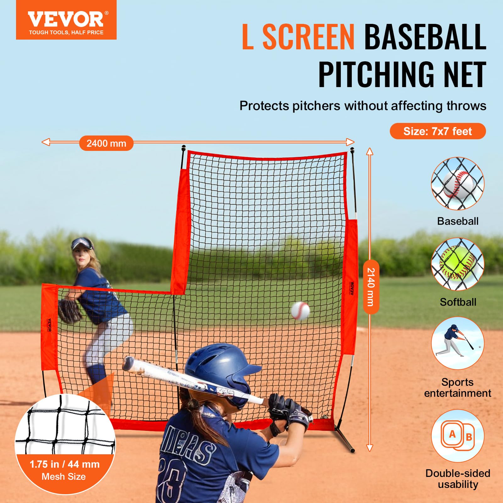 VEVOR Écran Protecteur de Baseball en Forme de L, Filet de Protection Softball 240x214 cm, Portable avec Sac de Transport