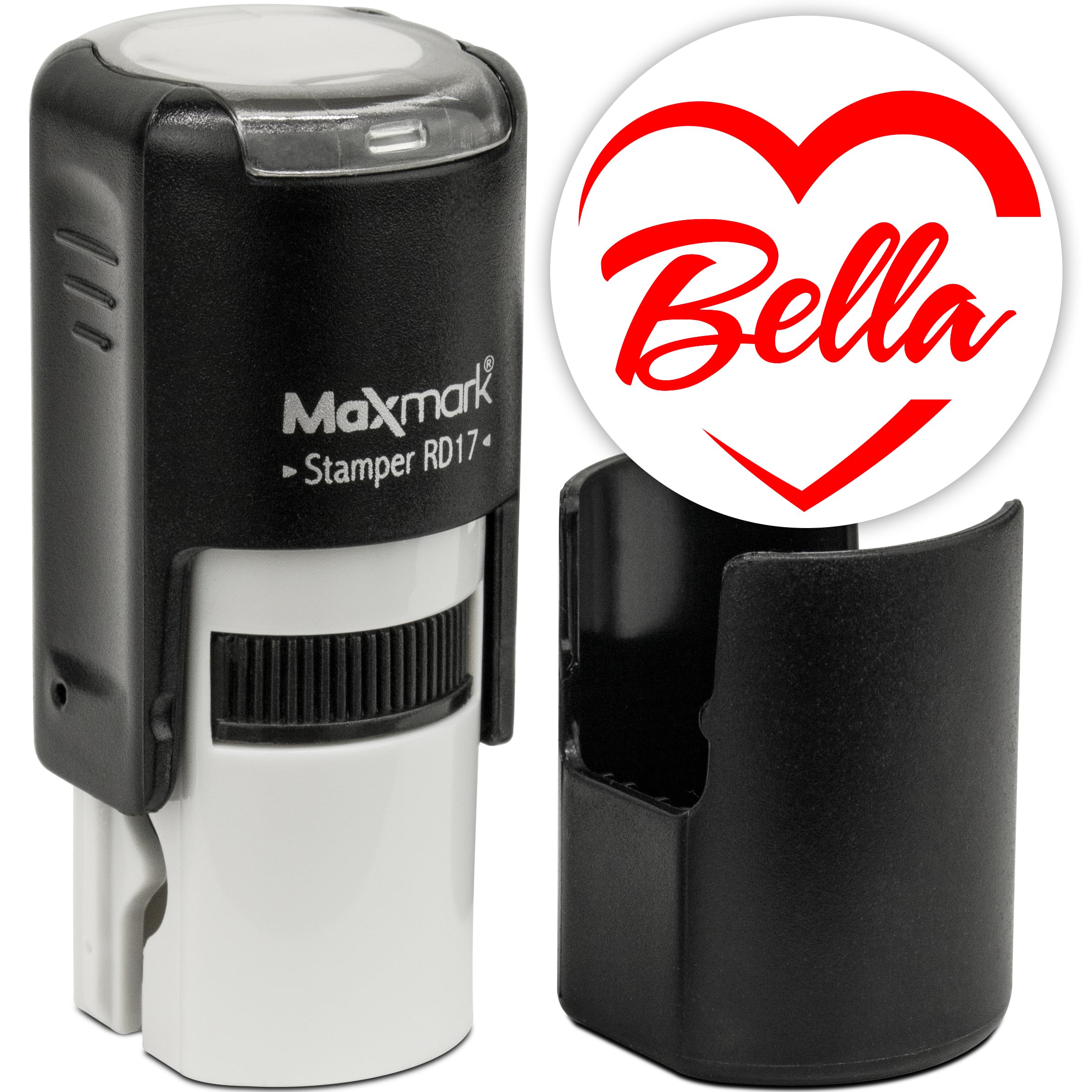 MaxMark Custom Round Self Inking Emoji Stamp - Heart with Name - Red Ink