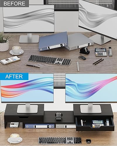 Miniatura 4 de Epesoware Soporte de monitor con 2 cajones para escritorio, soporte de bambú para monitor doble con almacenamiento, organizador de estante de