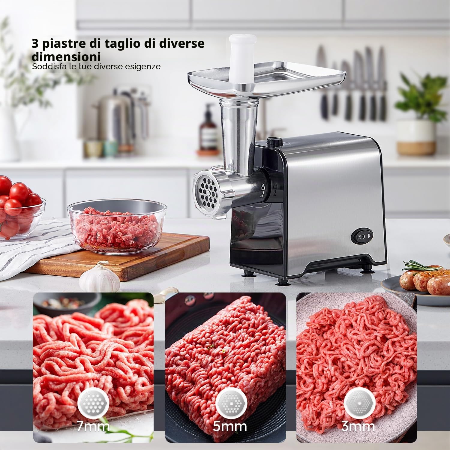 Yabano Tritacarne Elettrico 3 in 1, Macchina per Carne in Acciaio Inox con Accessorio per Salsicce, 3 Piastre di Macinatura, Accessorio per Kubbe e Tubo per Insaccare, per Casa e Cucina