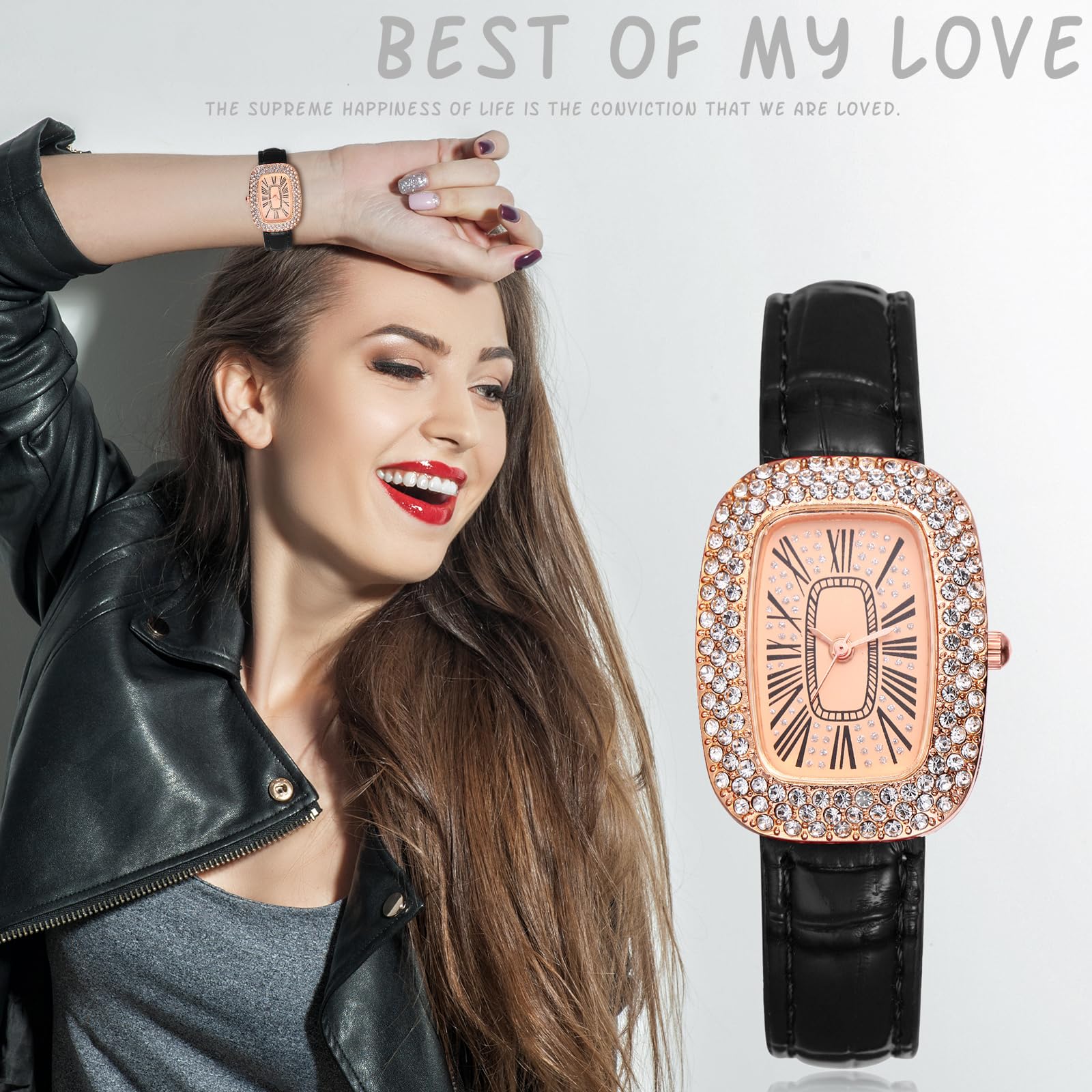 JewelryWe Zegarki damskie skórzane prostokątne – elegancki błyszczący stras, analogowy zegarek kwarcowy na rękę, zegarek na rękę, swobodny zegarek z prostokątnymi cyframi rzymskimi i skórzanym paskiem