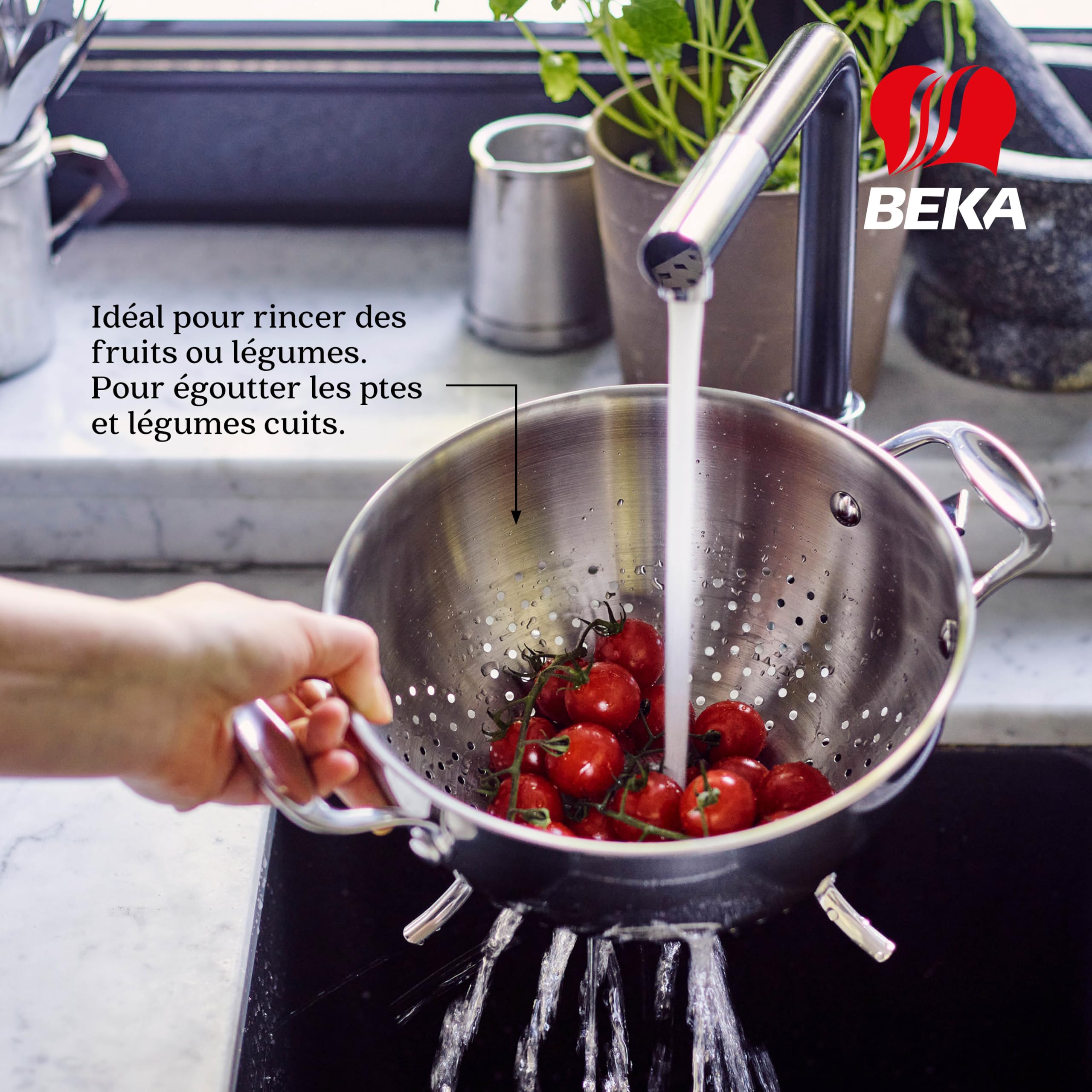 Beka Chef - Passoire Inox 18/10 - 22 cm - 3 Pieds Antidérapants - Poignées Rivetées - Lave-Vaisselle