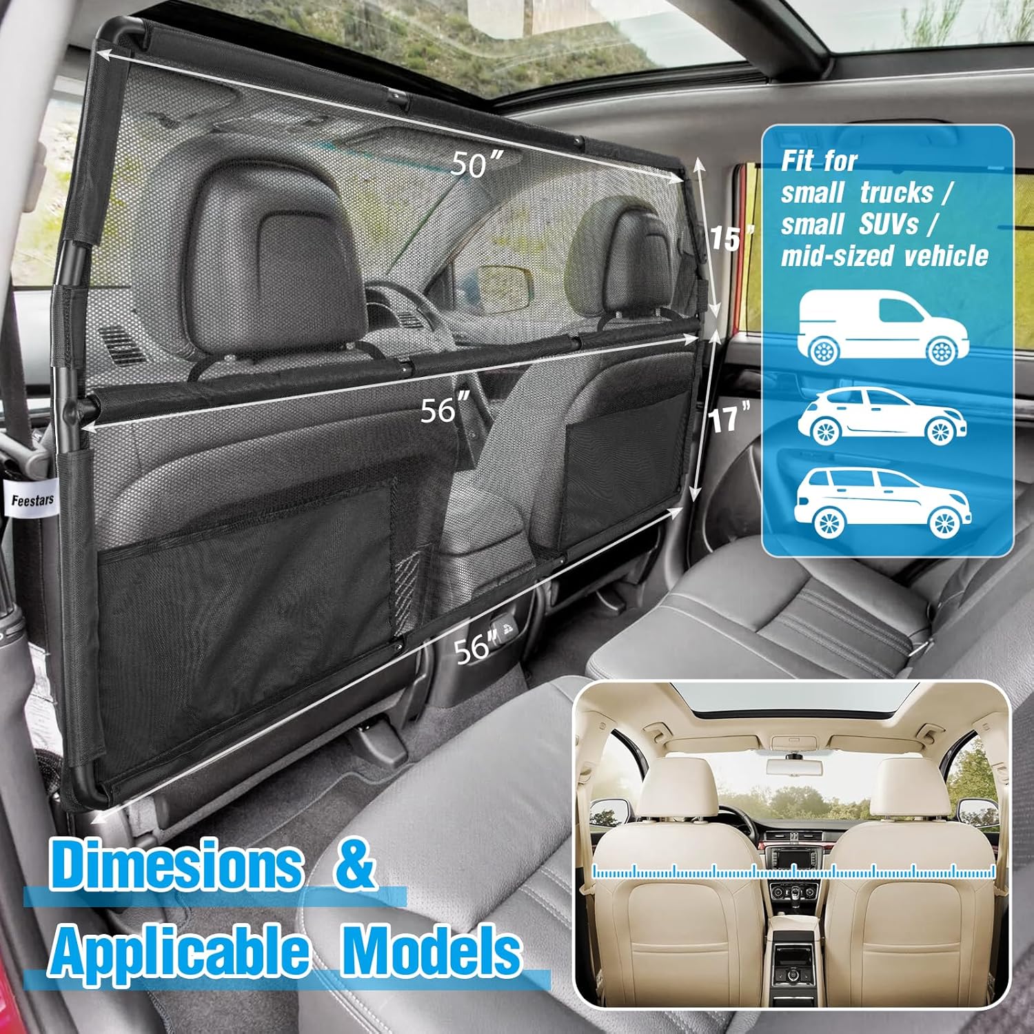Dog Barrier for SUV Truck,56" Car Divider for Pet, SUV Dog Barrier for Cargo Area,Back Seat Car Gate with See Through Net Mesh