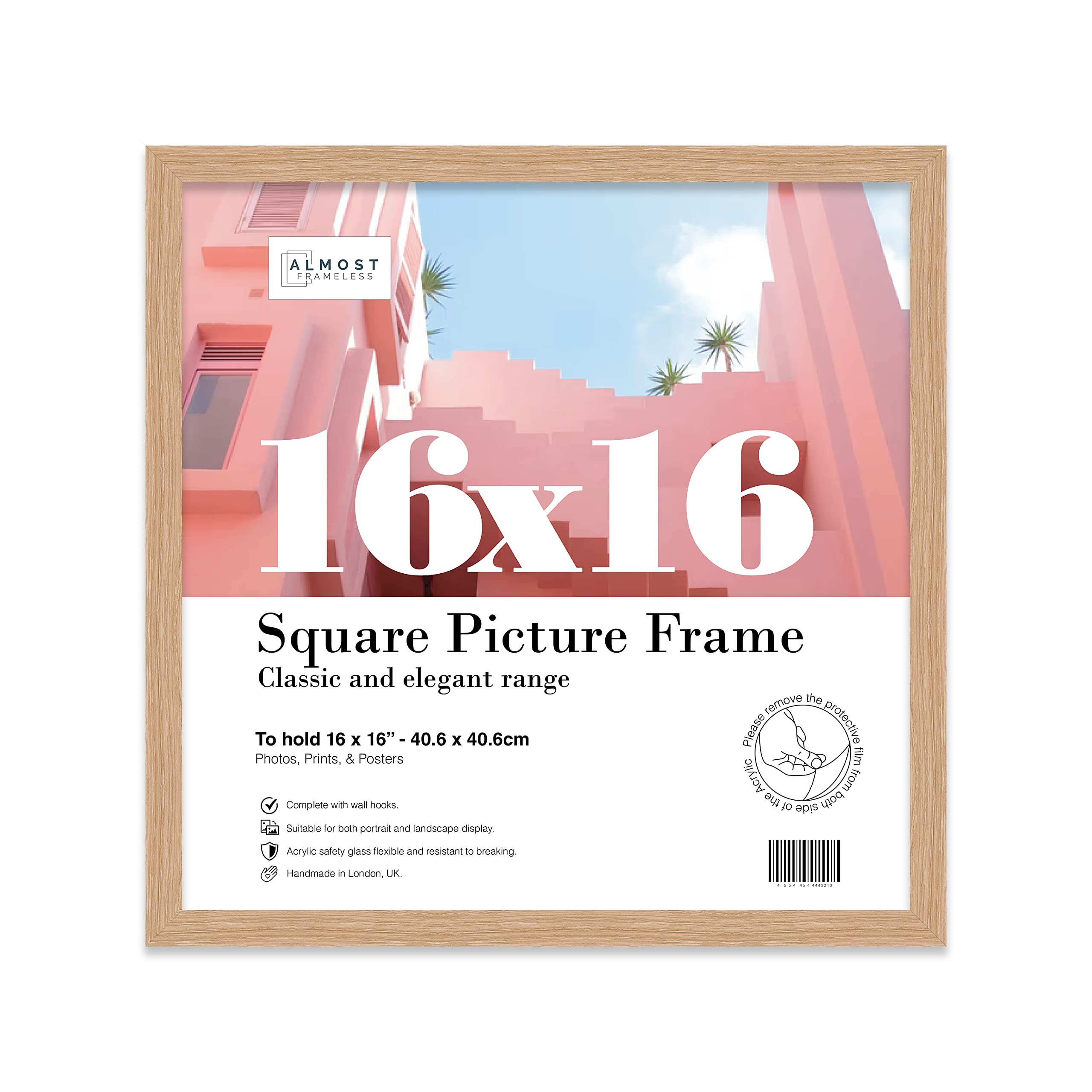 Almost Frameless 16x16 Oak Picture Frame 16"x16"(40.6x40.6cm) Poster, Photo, Artwork, or Print. Thin Edge Slim Frame Portrait and Landscape Display with Wall Hooks