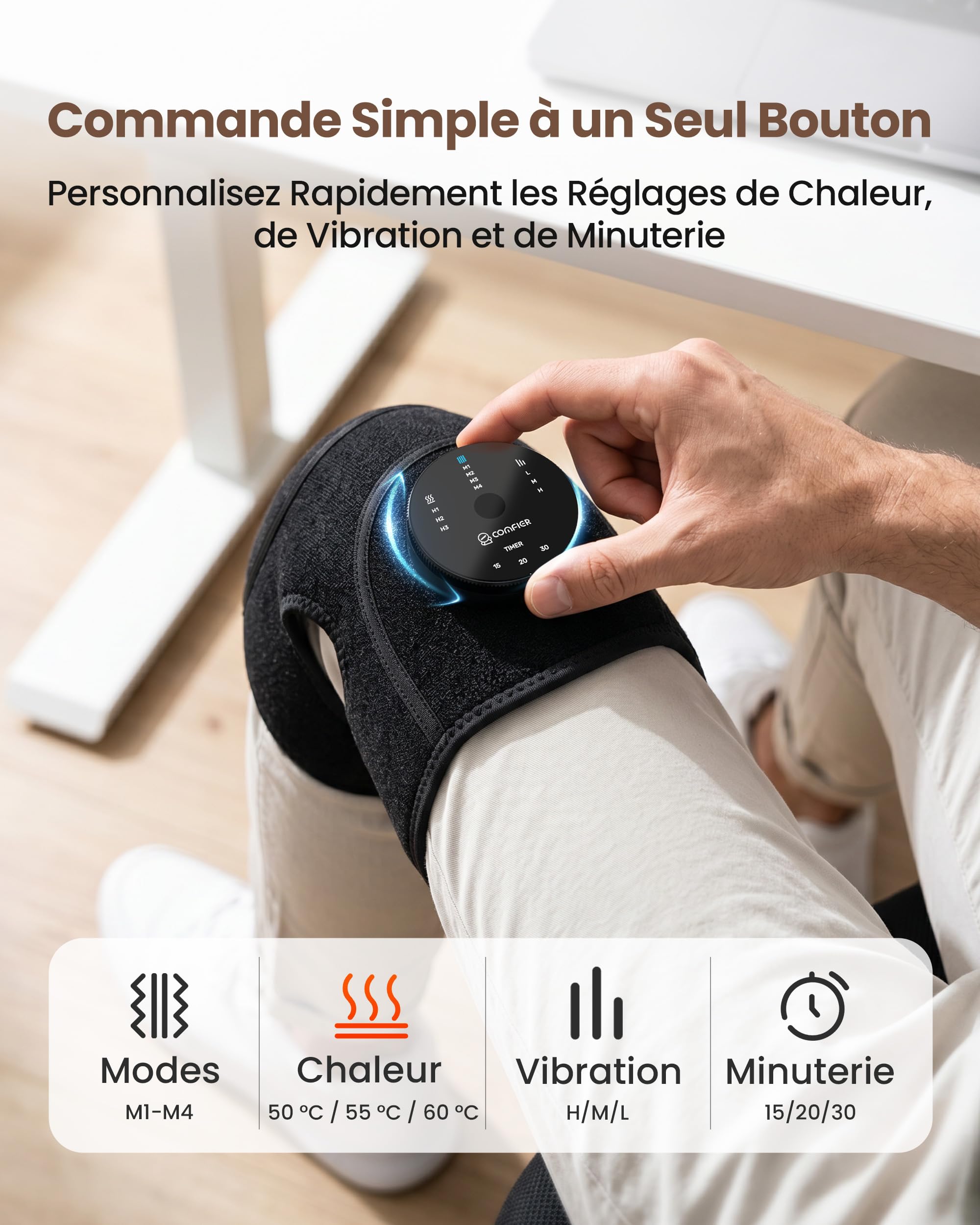 COMFIER Masseur de genou sans fil 3-en-1 avec chauffage au graphène