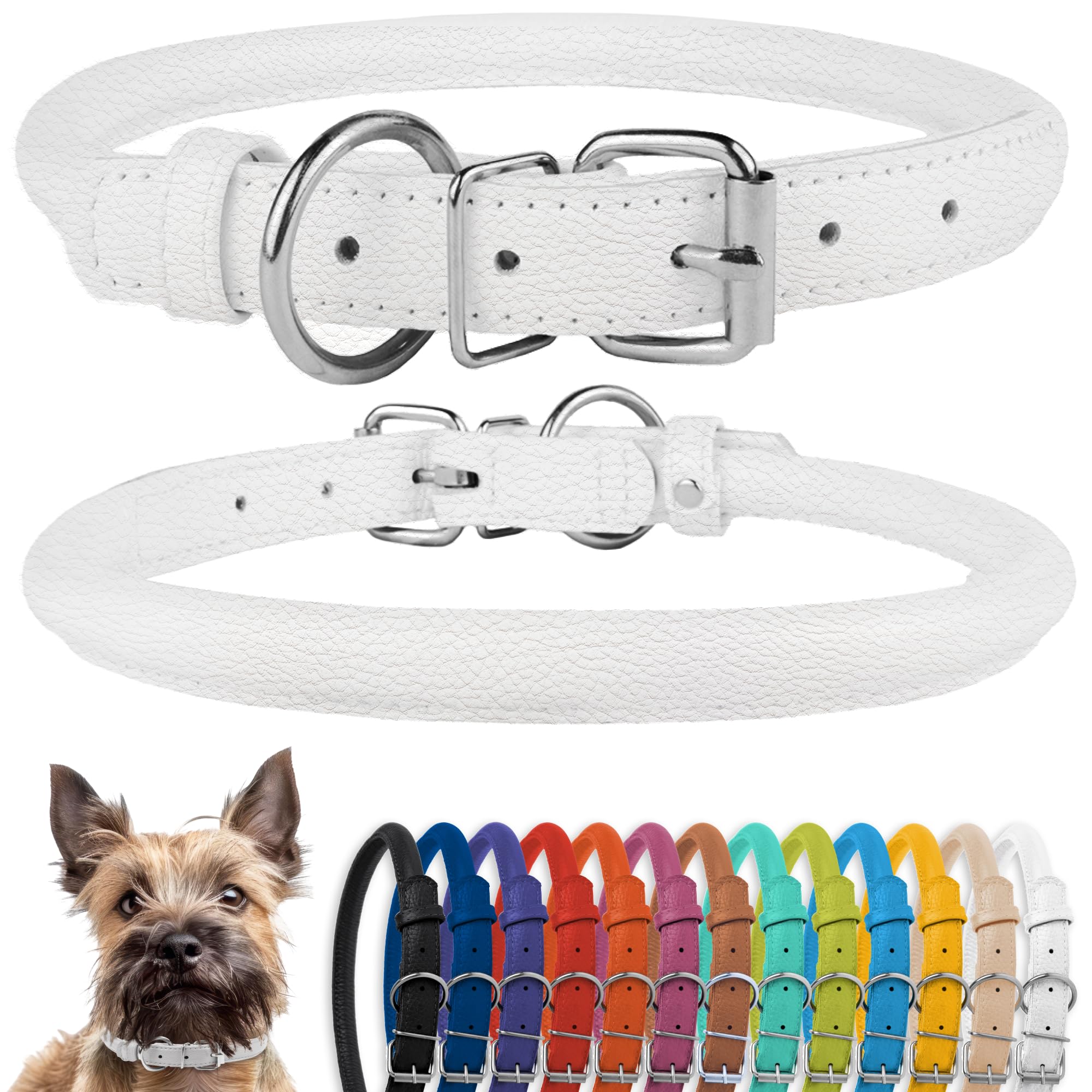 CollarDirect Rolled Leather Dog Collar, Soft Padded Round Puppy Collar, Handmade Genuine Leather Collar Dog Small Large Cat Collars 13 Colors (6 Inch, White Textured)