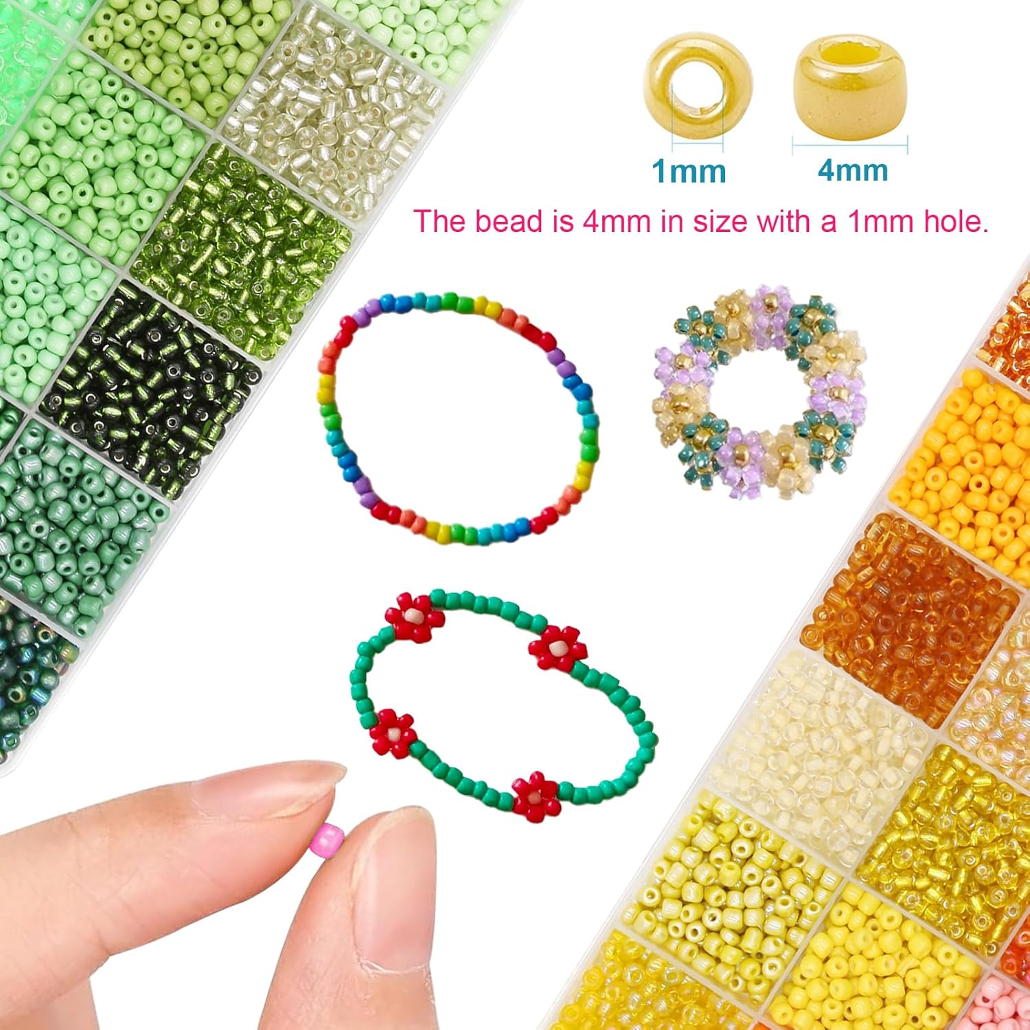 EuTengHao 28800pcs 4mm Multicolor Glass Seed Beads 6/0 for DIY Bracelet Necklaces Crafting Jewelry Making Supplies with Beading Needles Elastic Strings Tweezers (144 Colors, 200Pcs Per Color) - Image 4