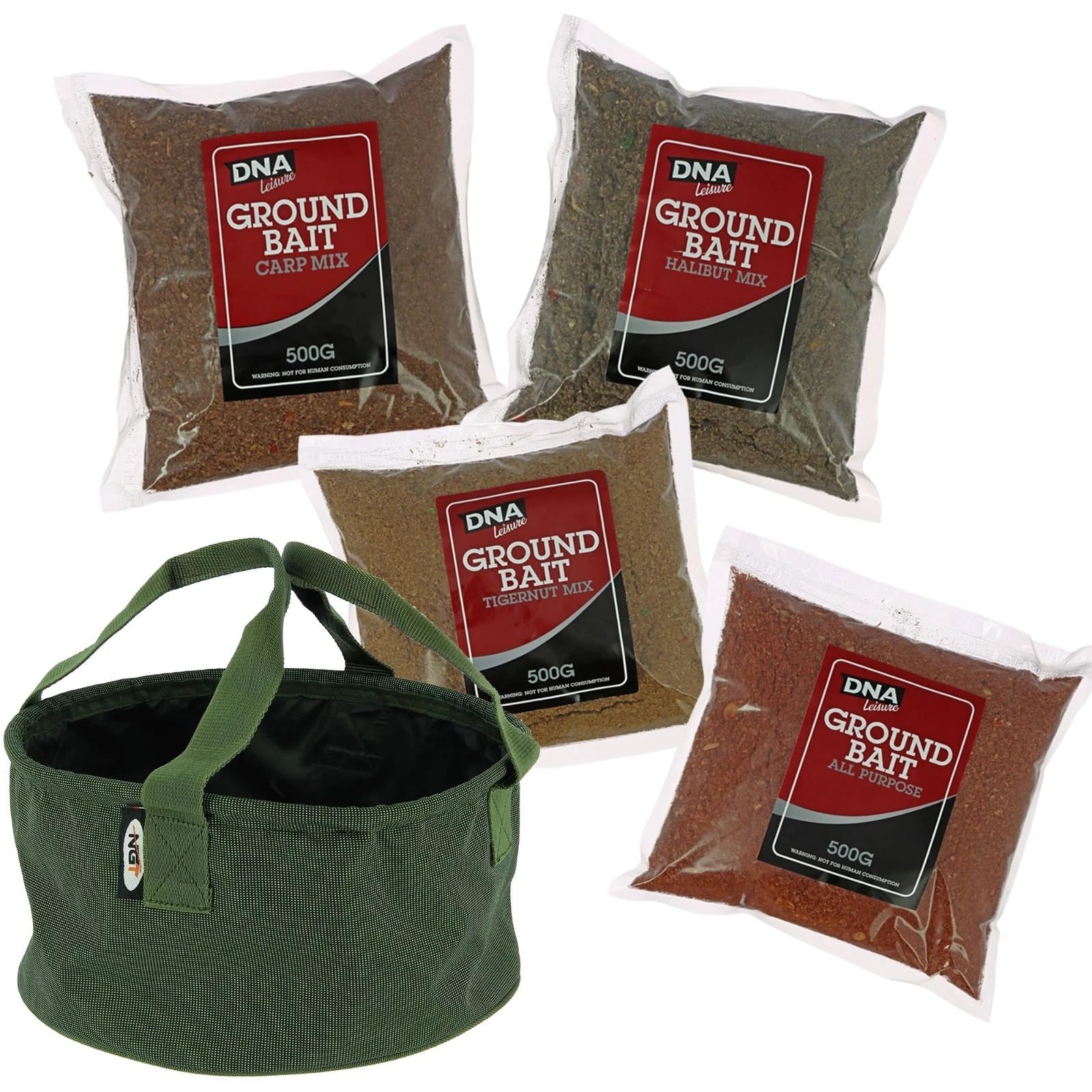 DNA Leisure Fishing Groundbait Colapsible Bowl with 4 x 500g Groundbait Mix – Carp & Coarse Fishing Bait Prep Kit, Halibut, Tigernut, All Purpose & Carp Mix, Portable Mixing Bowl