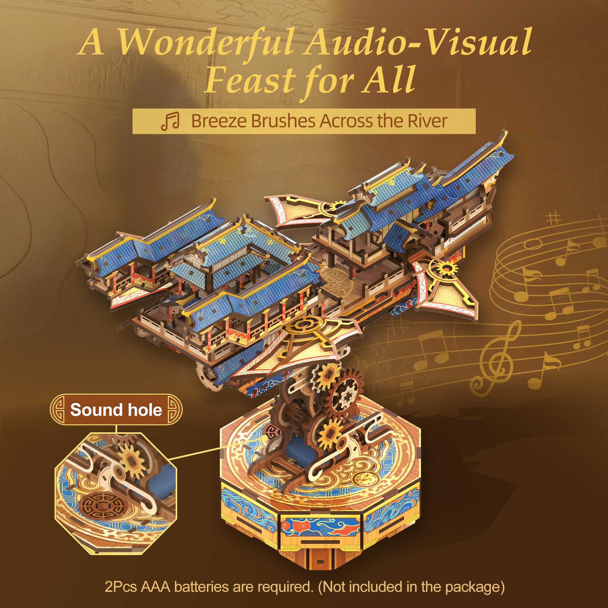 Tonecheer Puzzle en Bois 3D pour Adultes - Kit de modélisation de Bateau en Bois DIY avec dirigeable Musical Fantaisie et Composants Mobiles et Structure de Transmission comme idée（Voyageur du Vent）