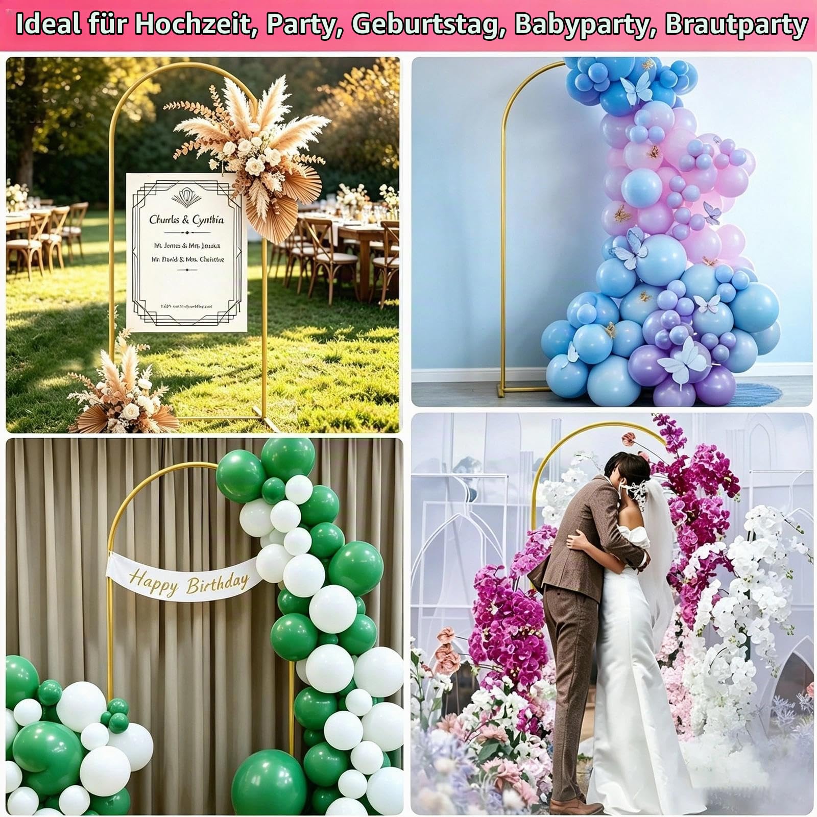 2m Gold Hochzeitsbogen, Metallbogen Hintergrund Ständer für Party | Ballonbogen Ständer mit stabiler Basis, Passt zu Hochzeiten, Geburtstagen und Eröffnungsfeiern (1x2m)