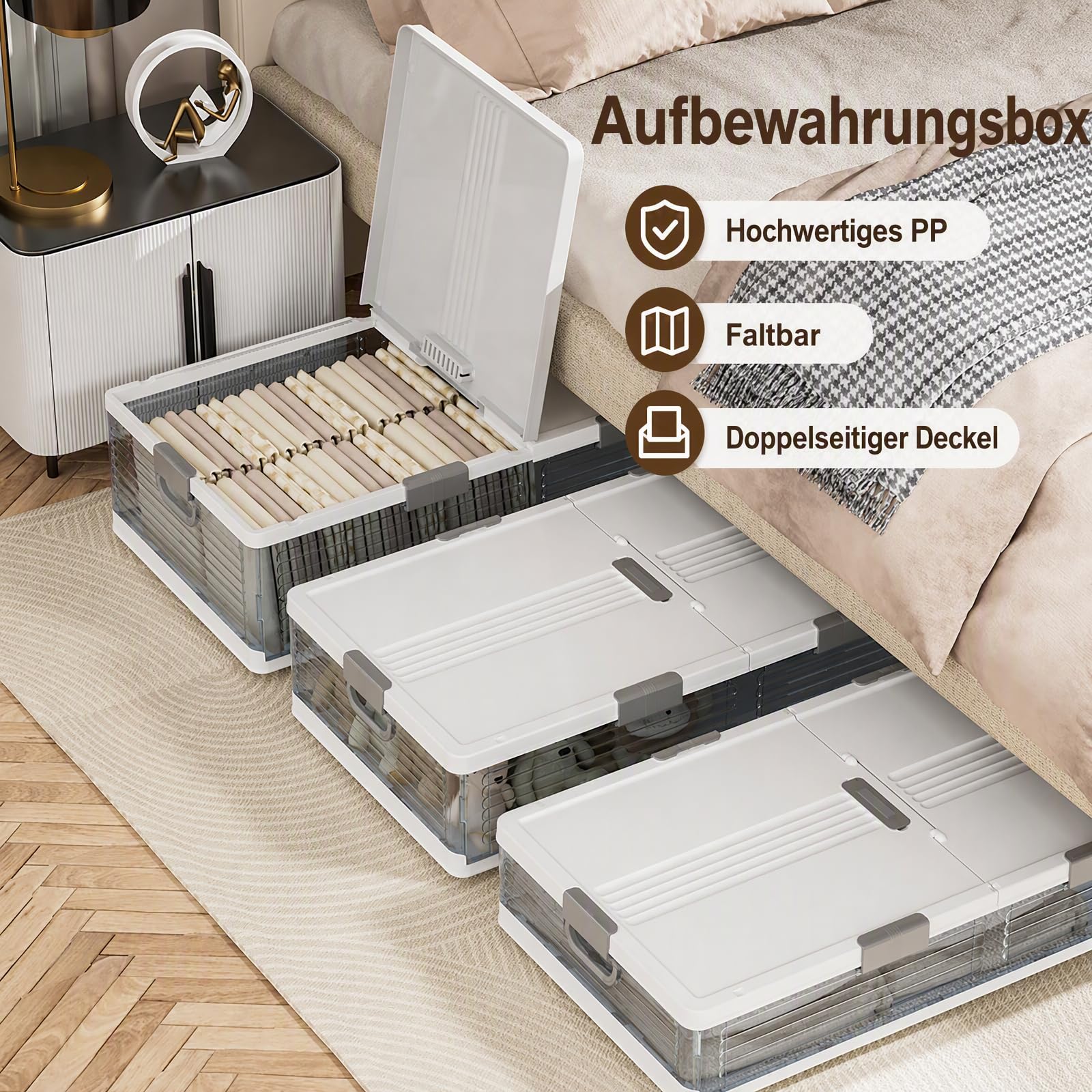 70L Plastik Unterbett Aufbewahrungsbox mit Rollen, Weiß