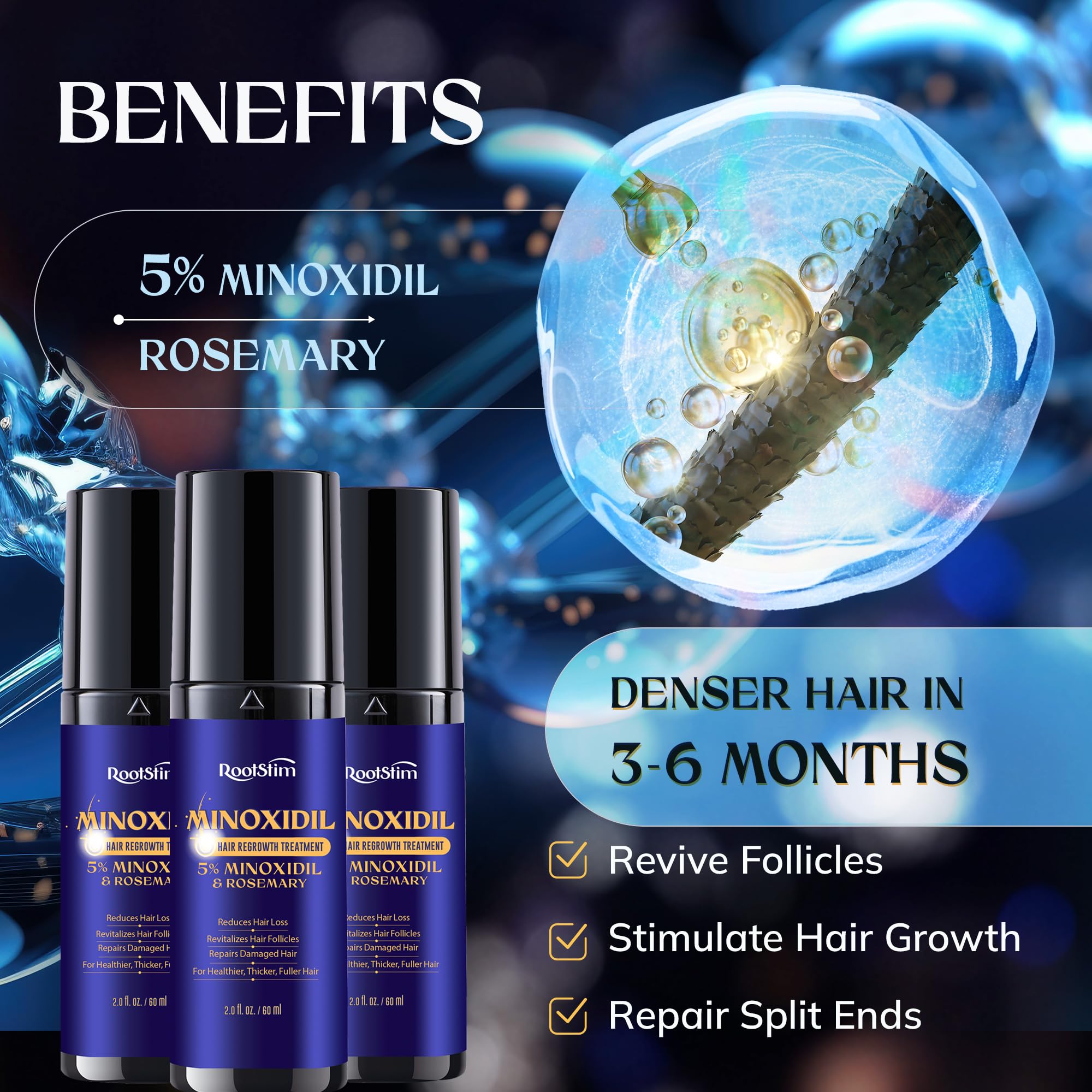 RootStim 5% Minoxidil Hair Regrowth Treatment with Rosemary, 3-Pack