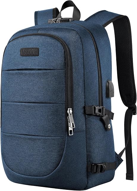 VSNOON Anti-Theft Laptop Backpack, 15.6-17.3 inch Business Laptop Rucksack Bag with USB Charging Port & Lock, Water Resistant College School Backpack Computer Bag for Women Men, Blue