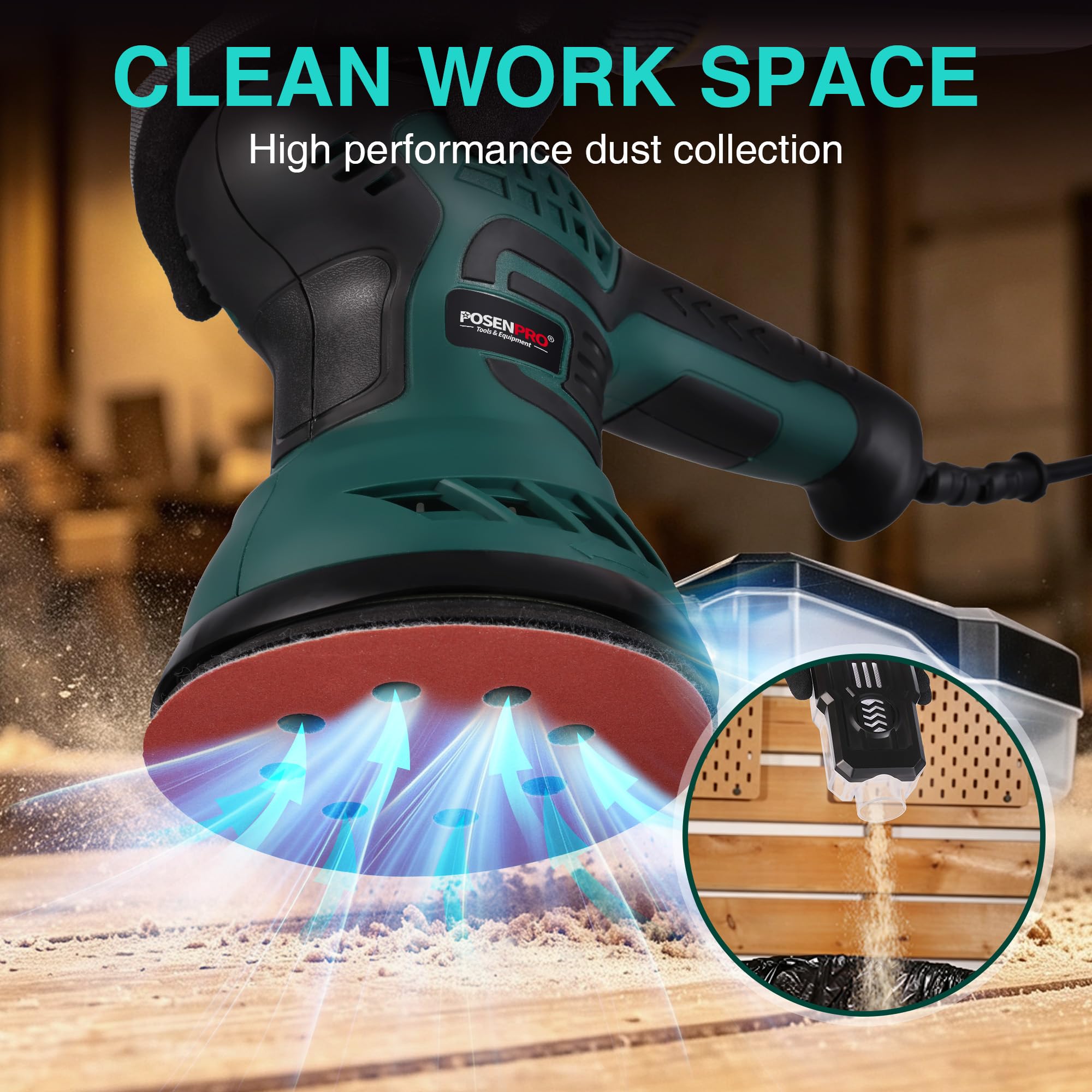POSENPRO Ponceuse Orbitale Excentrique 350 W, 6 Vitesses, 6000-13000 OPM