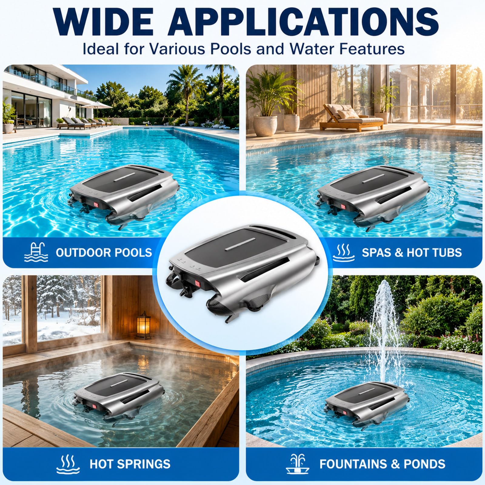 Skimmer para Piscina Alimentado por Energía Solar | Acoplamiento Automático En Bordes, Modos De Carga Dual, Filtración De 450 Μm; Para Piscinas Elevadas