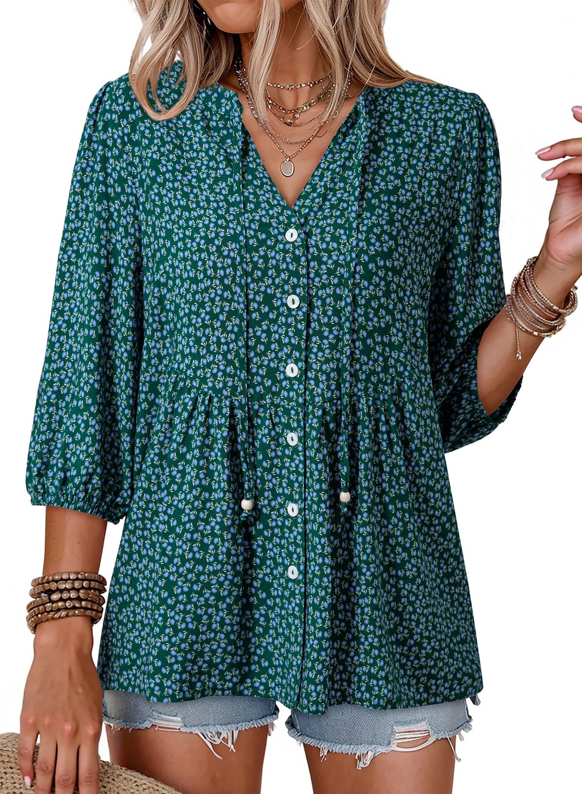 Womens Summer Tops Boho Floral Short Sleeve Button Down V Neck Peplum Babydoll Casual Loose Blouses Shirts