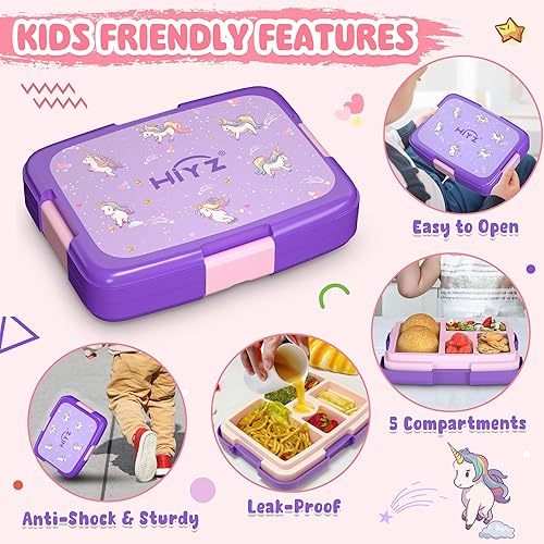 Miniatura 3 de HiYZ Lonchera Bento con 5 compartimentos para niños y niñas, lonchera Bento con 5 compartimentos, tamaños de porciones ideales para niños,